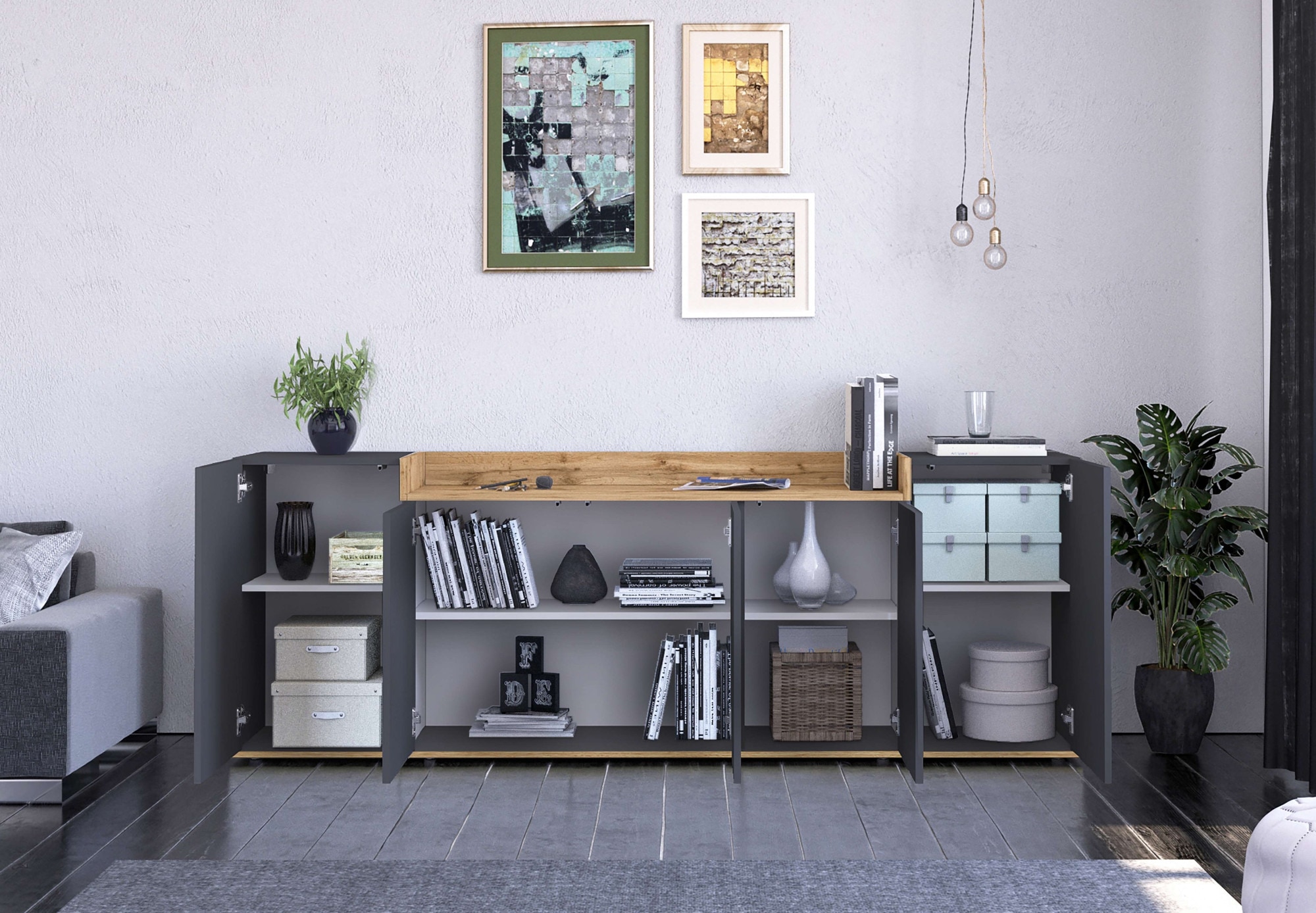 GOODproduct Sideboard »BOLSENA, Kommode, Schrank,Lowboard mit 8 Fächer und offenes Ablagefach« 1 Stk. tlg. stehend/hängend montierbar, Made in Italy, B/T/H: 200 × 35 × 71,2 cm