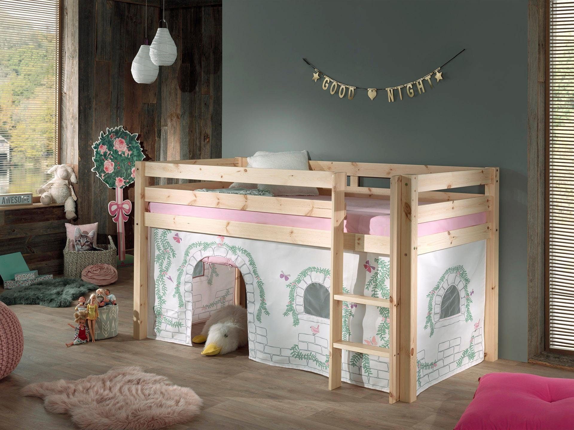 Vipack Lit superposé »Pino, Spielbett massiv Kiefer, stabil gebaut, 3 Korpusfarben zur Wahl« Incl. sommier à lattes roulantes, échelle et protection anti-chute, avec ou sans toboggan,  ensemble textile "Astronaut", incl. rideau, avec ou sans tunnel