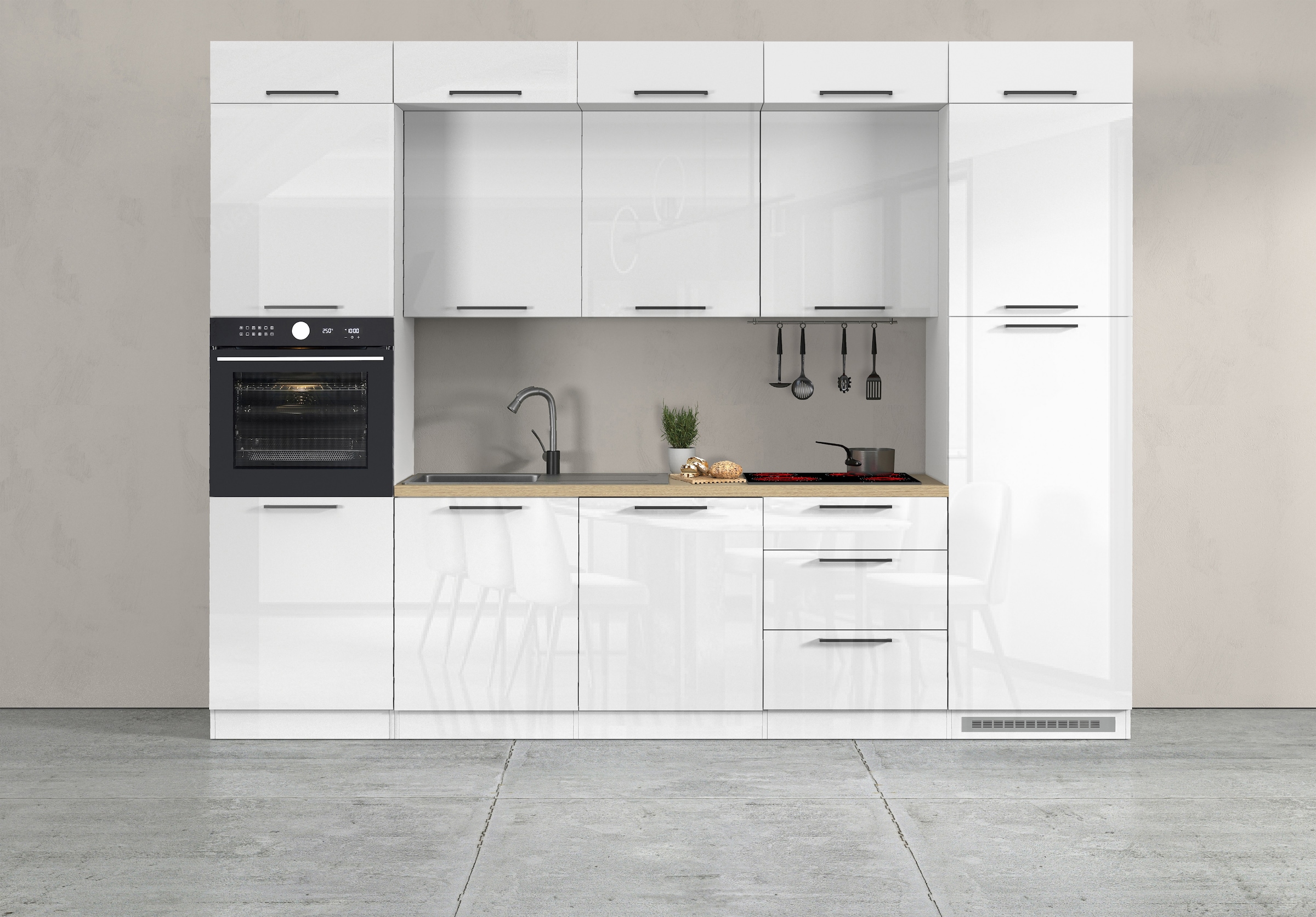 KOCHSTATION Kitchenette »Luna, Einbauküche, Zeilenküche, mit Soft-Close Funktion, Made in Italy« Breite 300 cm ohne E-Geräte, mit Spüle+Siphon und Aufsatz