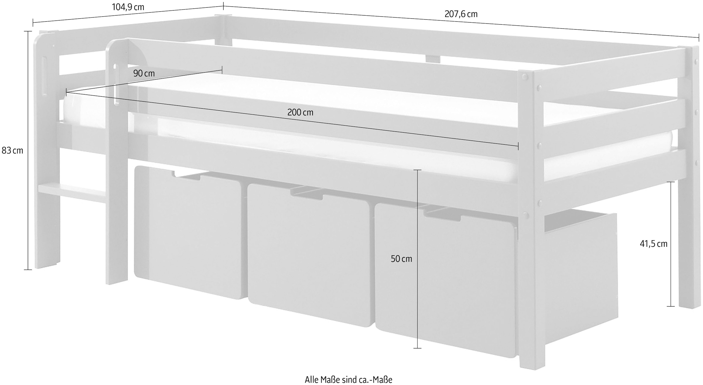 Vipack Spielbett »Pino, Kiefer massiv, mit Rolllattenrost, 3 Rollboxen, Made in Europe« B/H/T ca. 207,6x83x104,9cm, inkl. Leiter und Absturzschutz,  wahlweise mit oder ohne Hängeregal, 2 Farben zur Auswahl