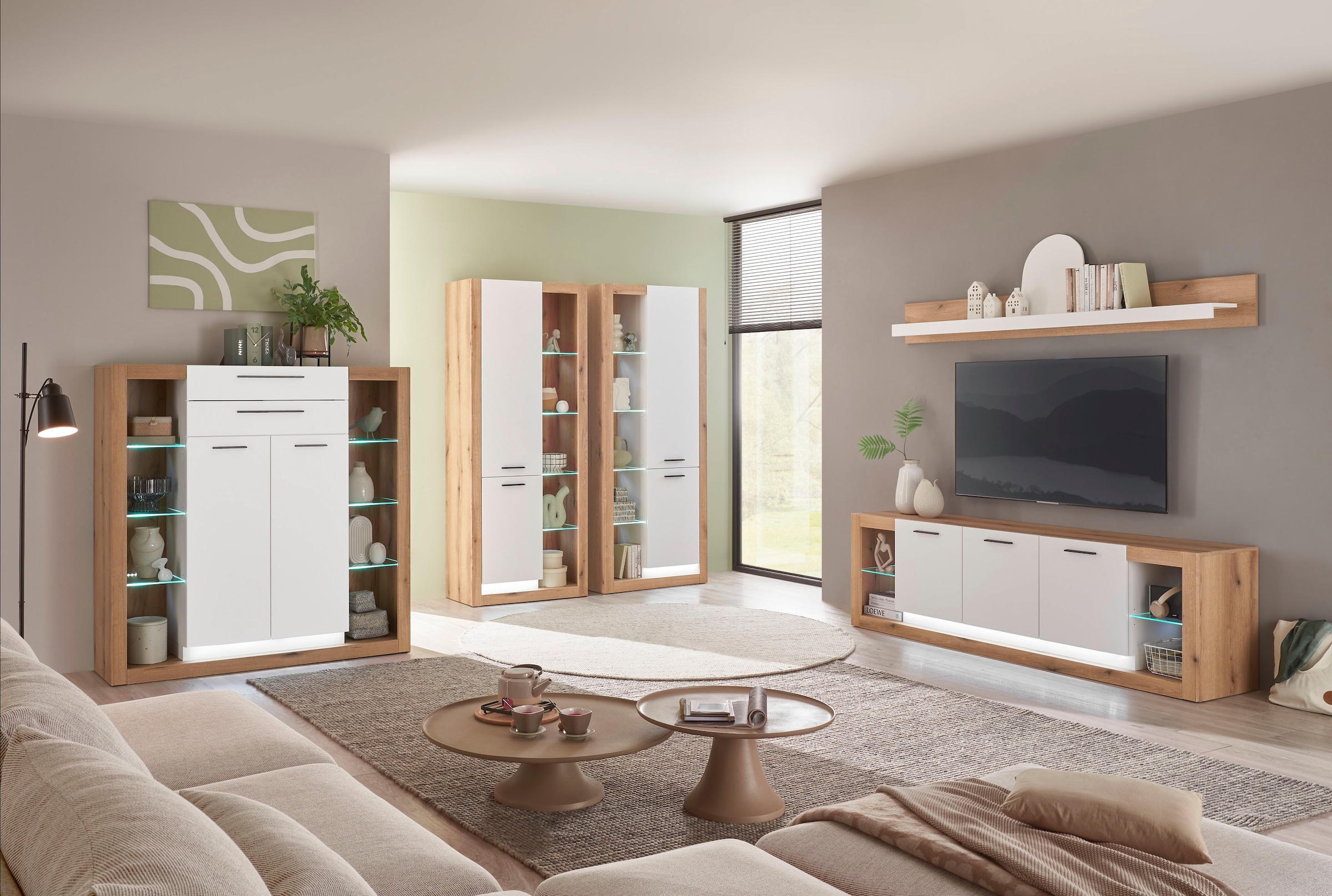Home affaire Meuble mural »Brixen, moderne Anbauwand, Wohnzimmer-Set, Eiche Evoke Dekor mit Weiss« Ensemble, 2 cuis tlg.