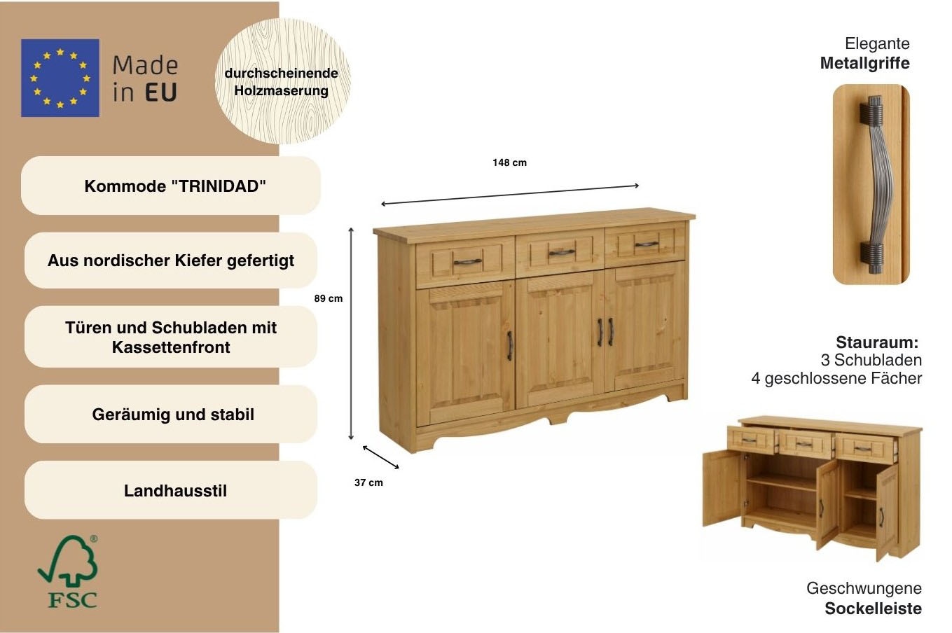 GOODproduct Sideboard »Trinidad« Kommode, Breite 148 cm