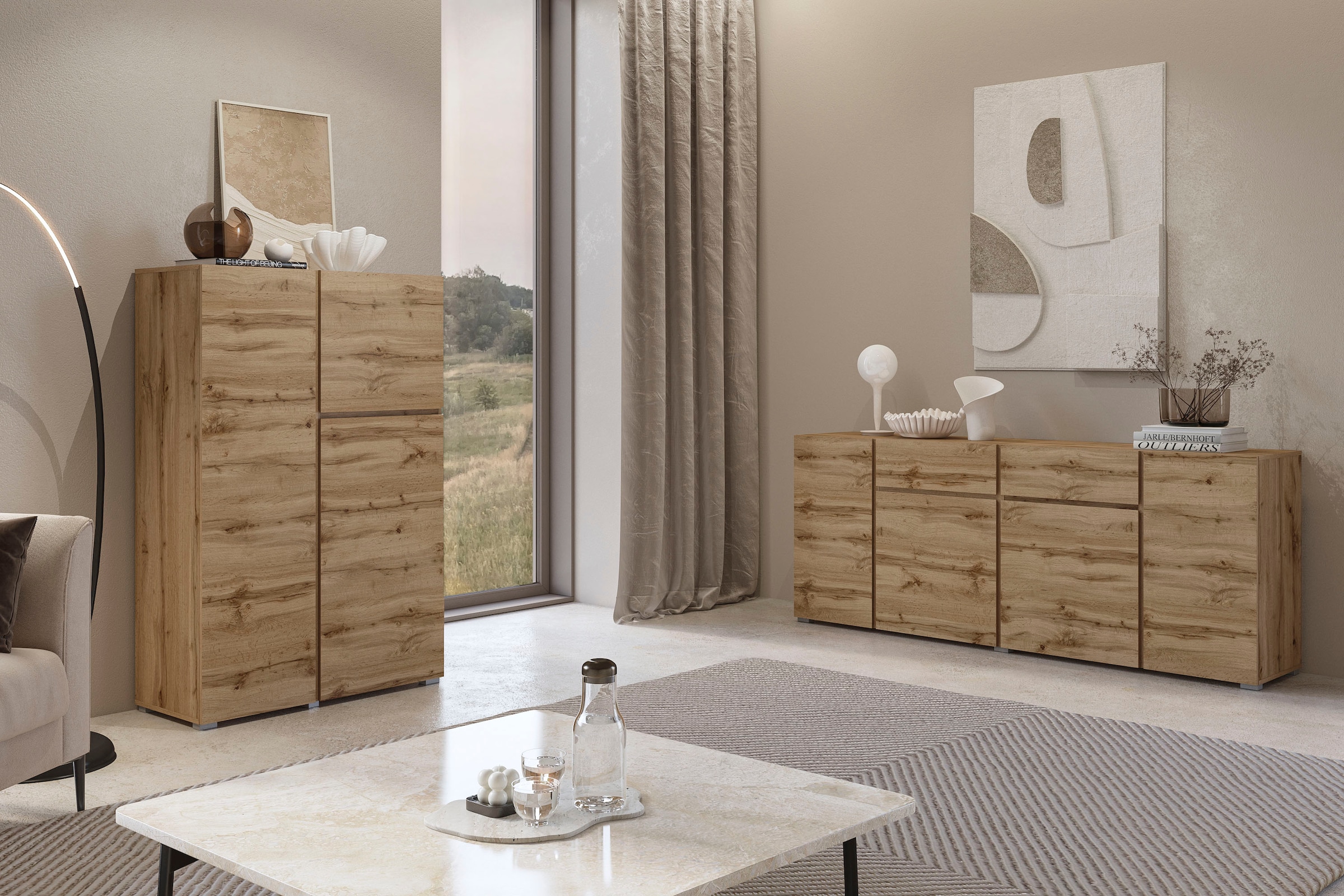 GOODproduct Buffet haut »Metric, Breite 92cm, moderne grifflose Hochkommode 3 Türen,Highboard« Hochschrank mit viel Stauraum, Einlegeböden verstellbar, Türkommode
