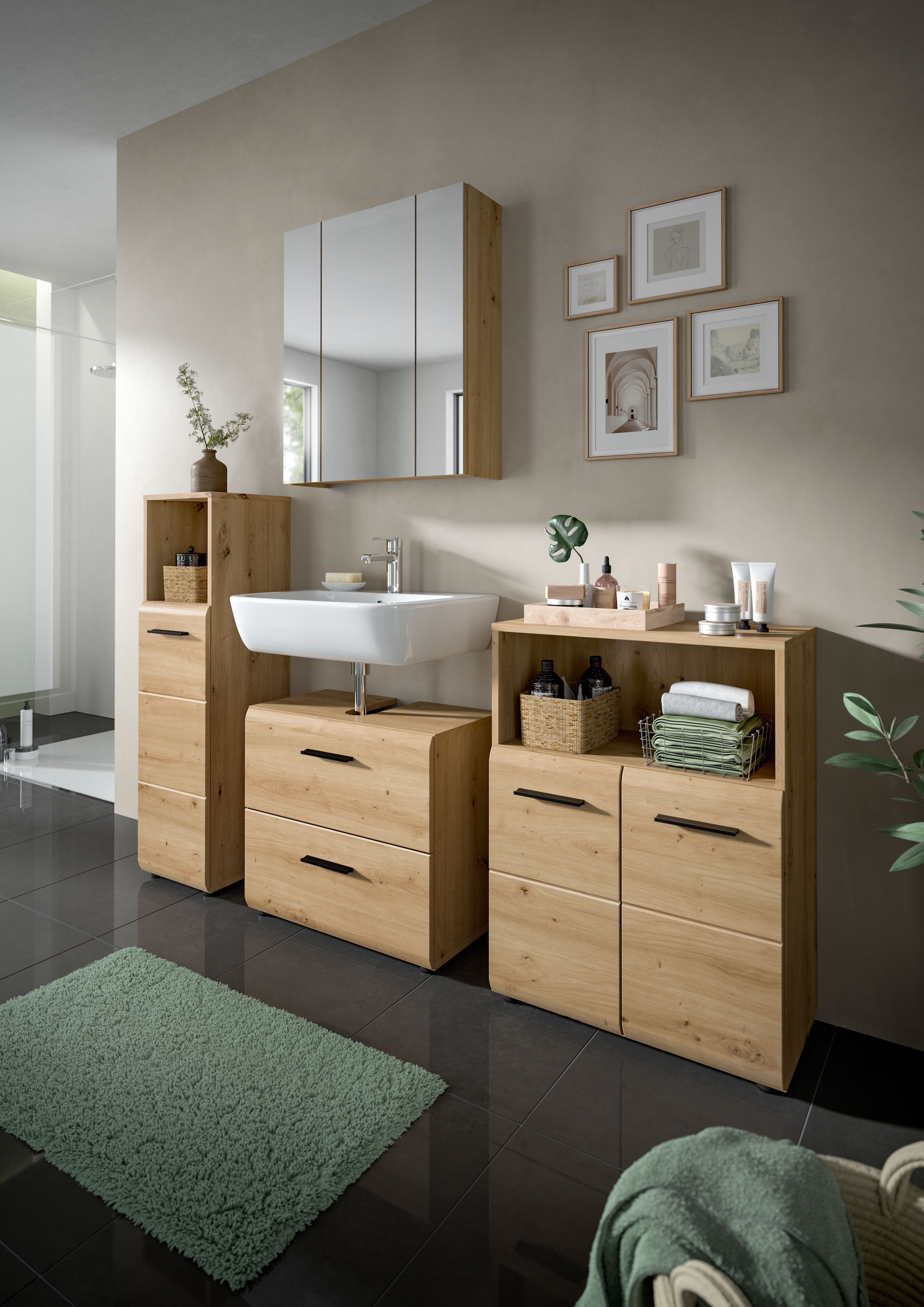 welltime Badmöbel-Set »FLORENZ,  2-teilige Badkombination, hochwertige MDF-Front« Set, bestehend aus: 1 Waschbeckenunterschrank, 1 Spiegelschrank, 2 Stk. tlg.