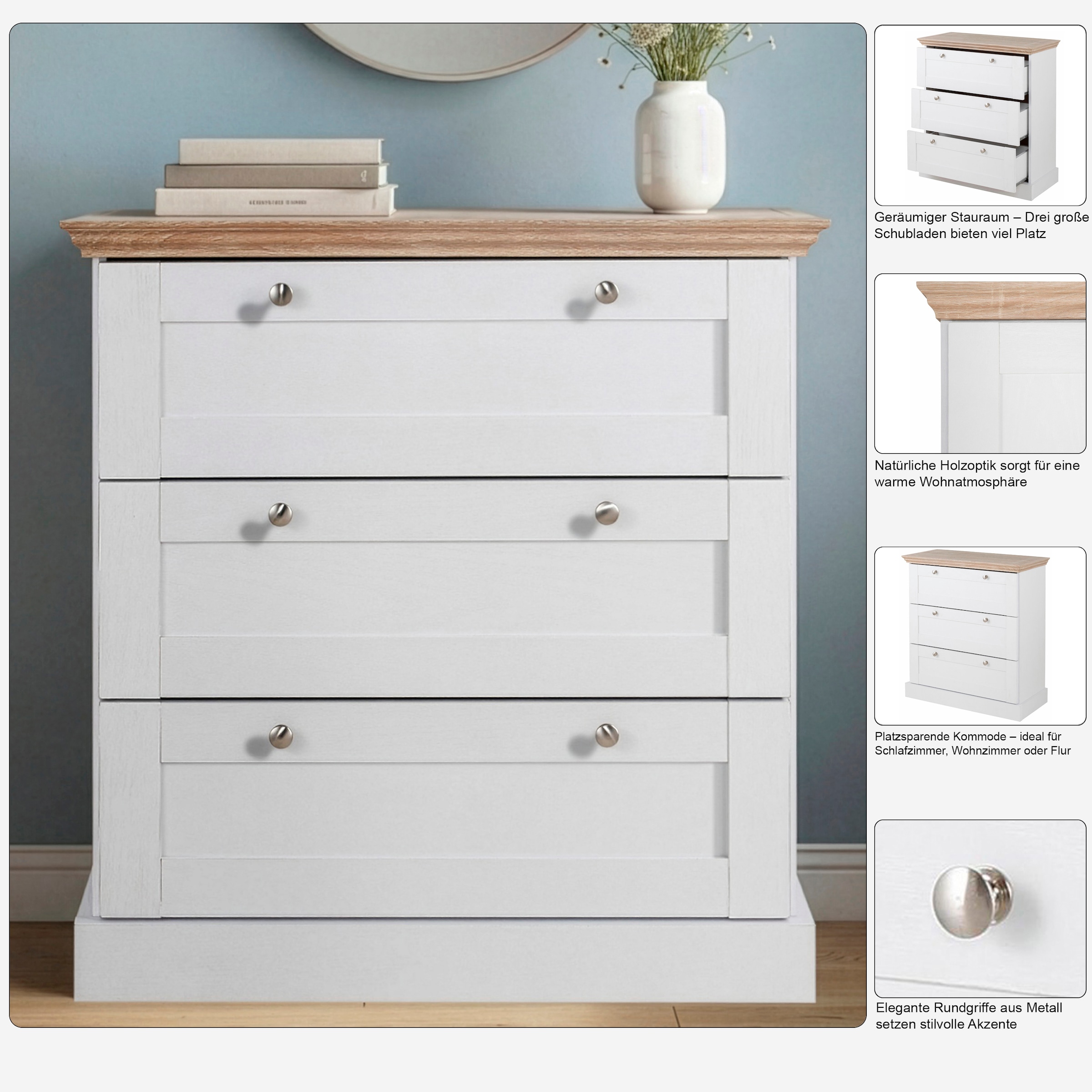 GOODproduct Schubkastenkommode »Binz« mit schönen Metallgriffen, 3 Schubladen, Breite 75 cm