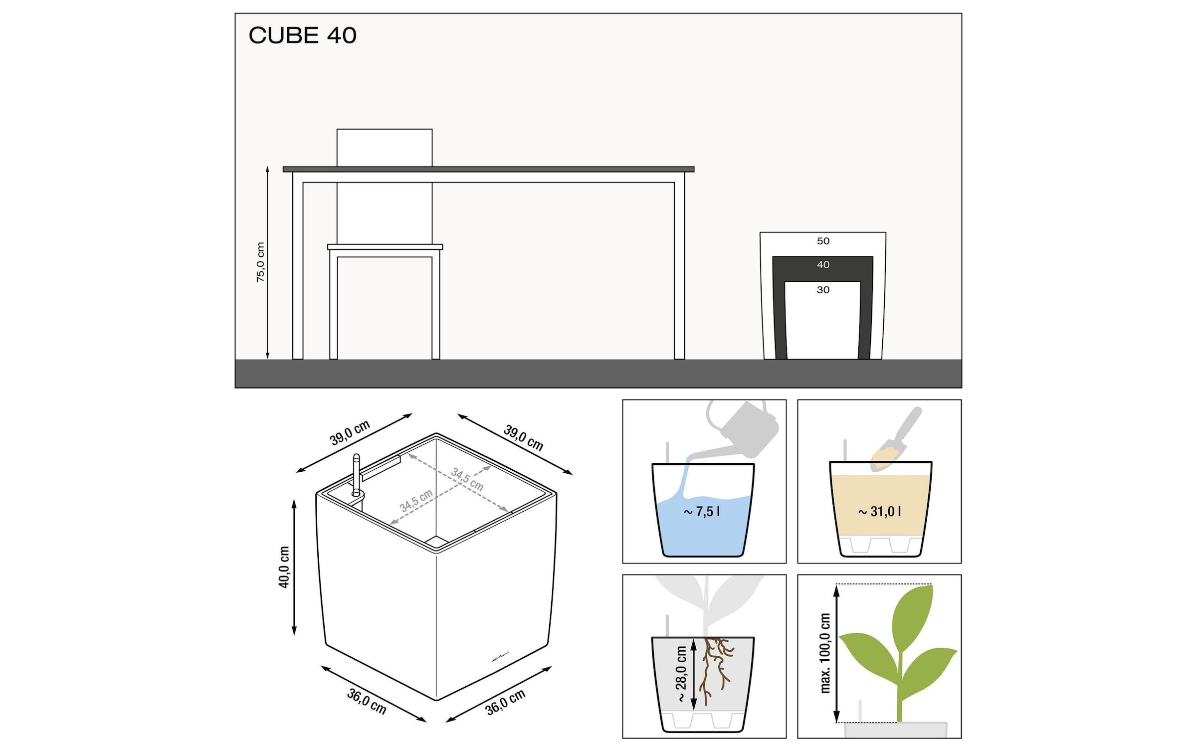   Pot de fleurs »Lechuza Cube 40 Weiss«