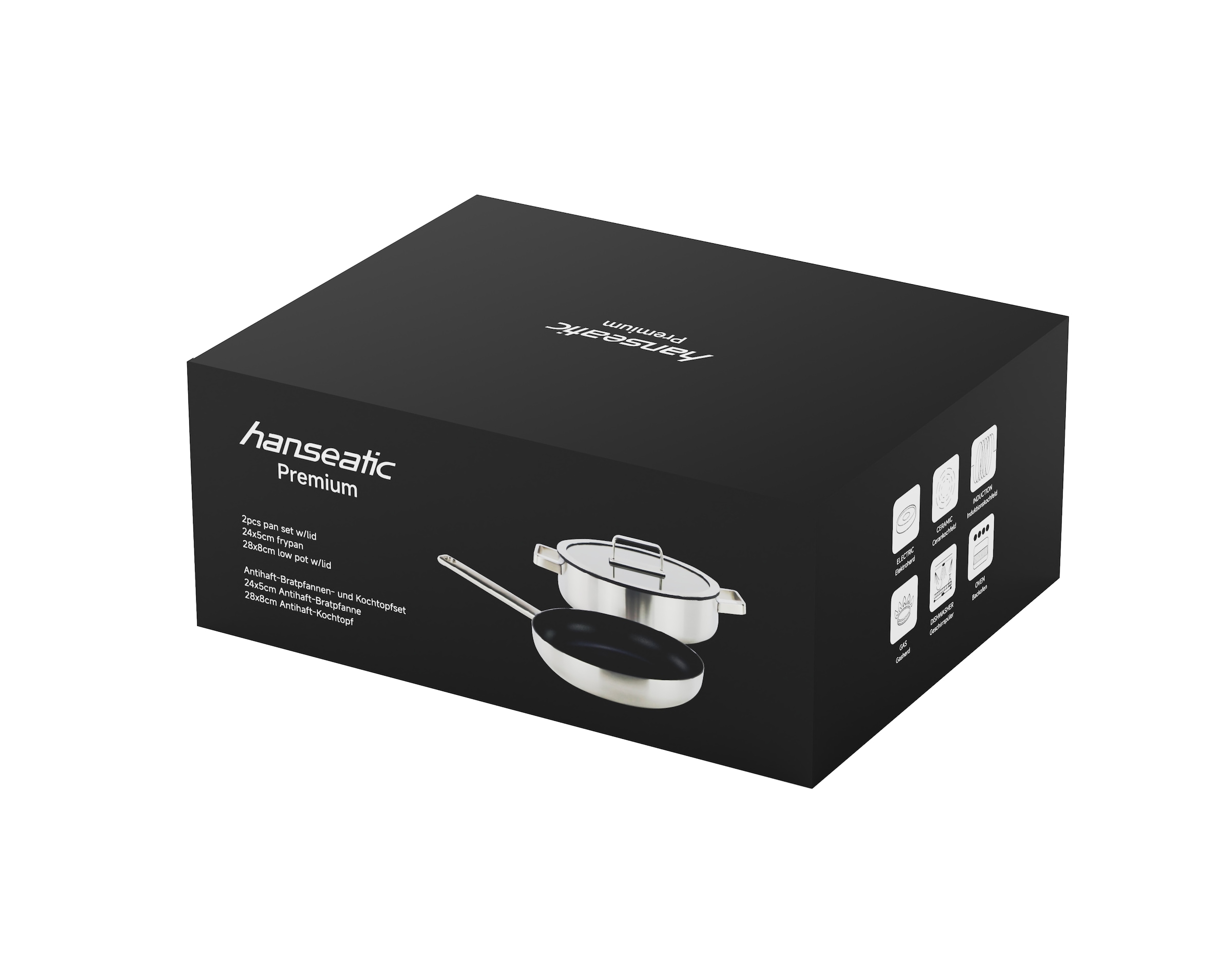 Hanseatic Set de poêles »PREMIUM« Edelstahl Set, 1x Pfanne 24 cm, 1x Servierpfanne 28 cm mit Deckel, 3 cuis tlg. mit Antihaftbeschichtung, für alle Herdarten, Induktion