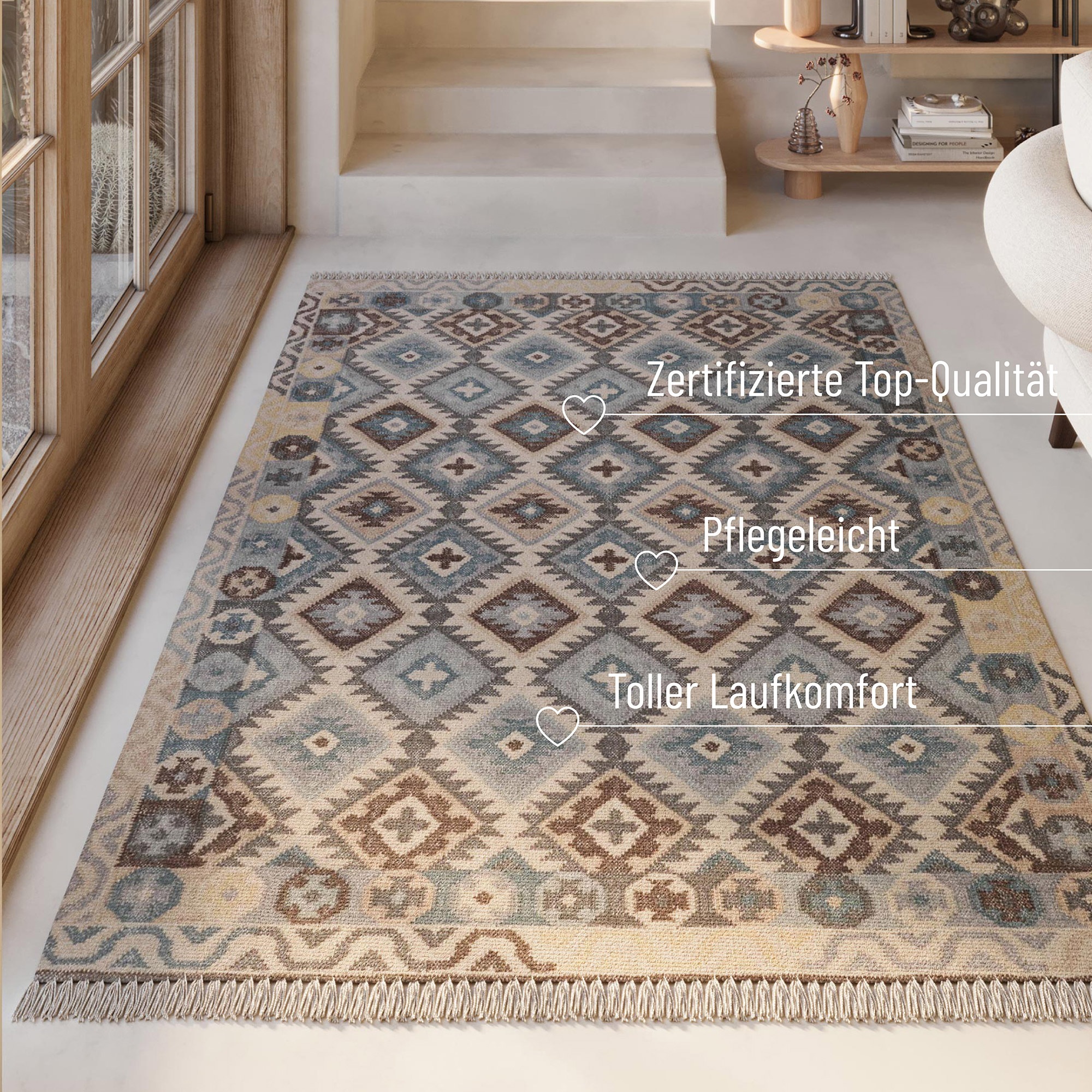 Green Looop Tapis en laine »Migny« Rectangulaire 5 mm Höhe Fransen, Kelim, handgewebt, Natur, Wohnzimmer, Schlafzimmer, Raute