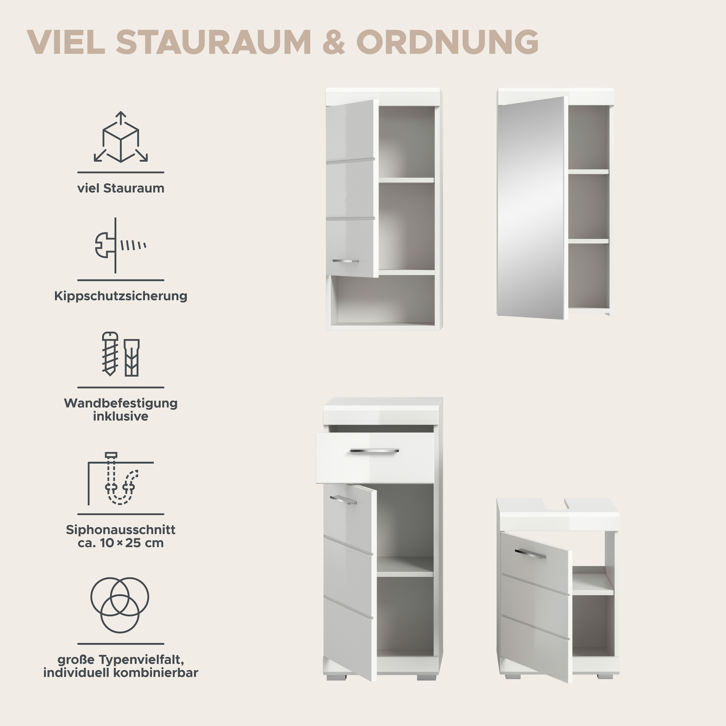 welltime Badmöbel-Set »SIENA, 4-tlg., WBU, Spiegelschrank, Hänge- & Unterschrank, MDF-Front«