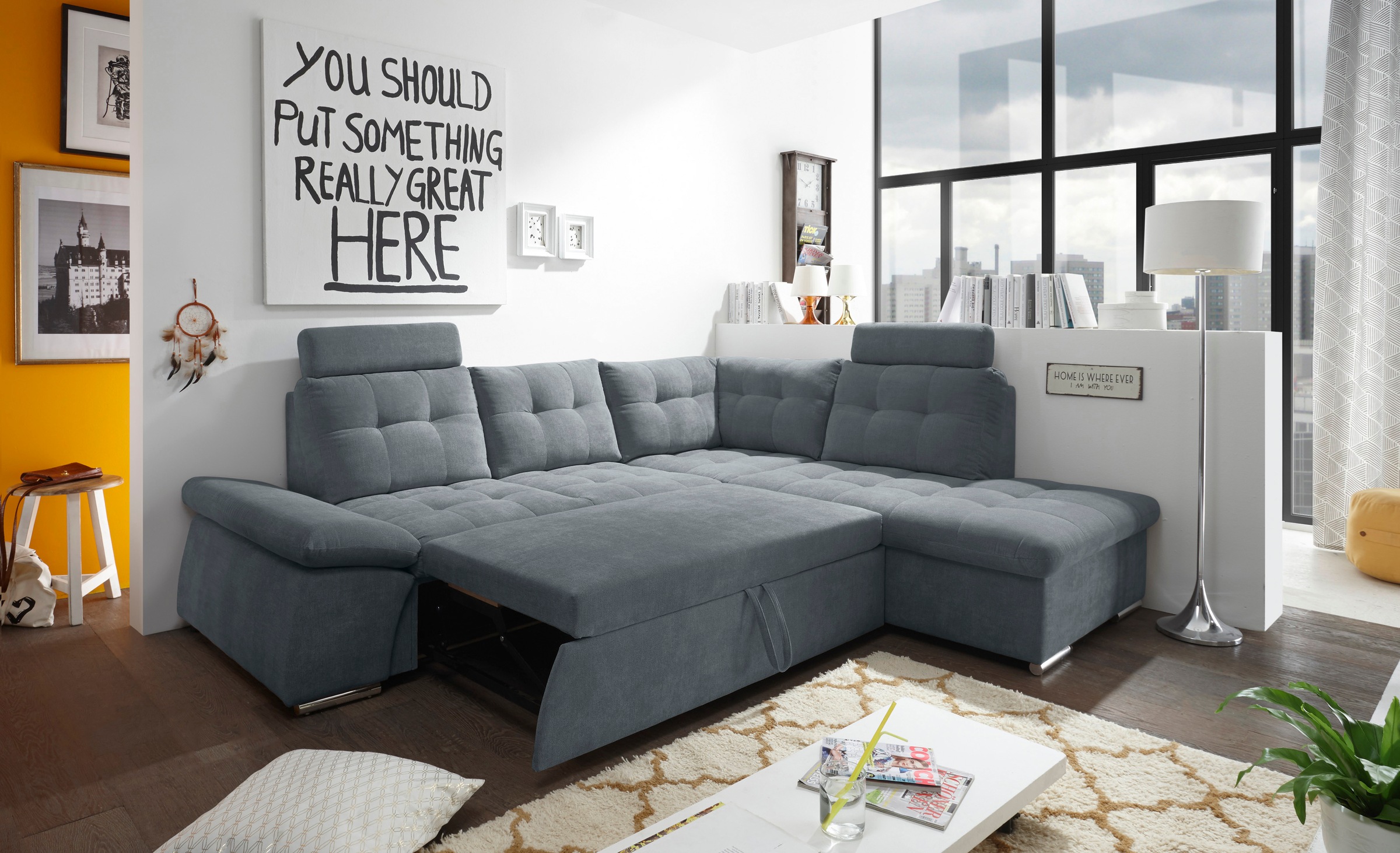 ED EXCITING DESIGN Ecksofa »Nalo L-Form« mit Bettfunktion, Armteilverstellung, Kopfstützen & 2 Nierenkissen