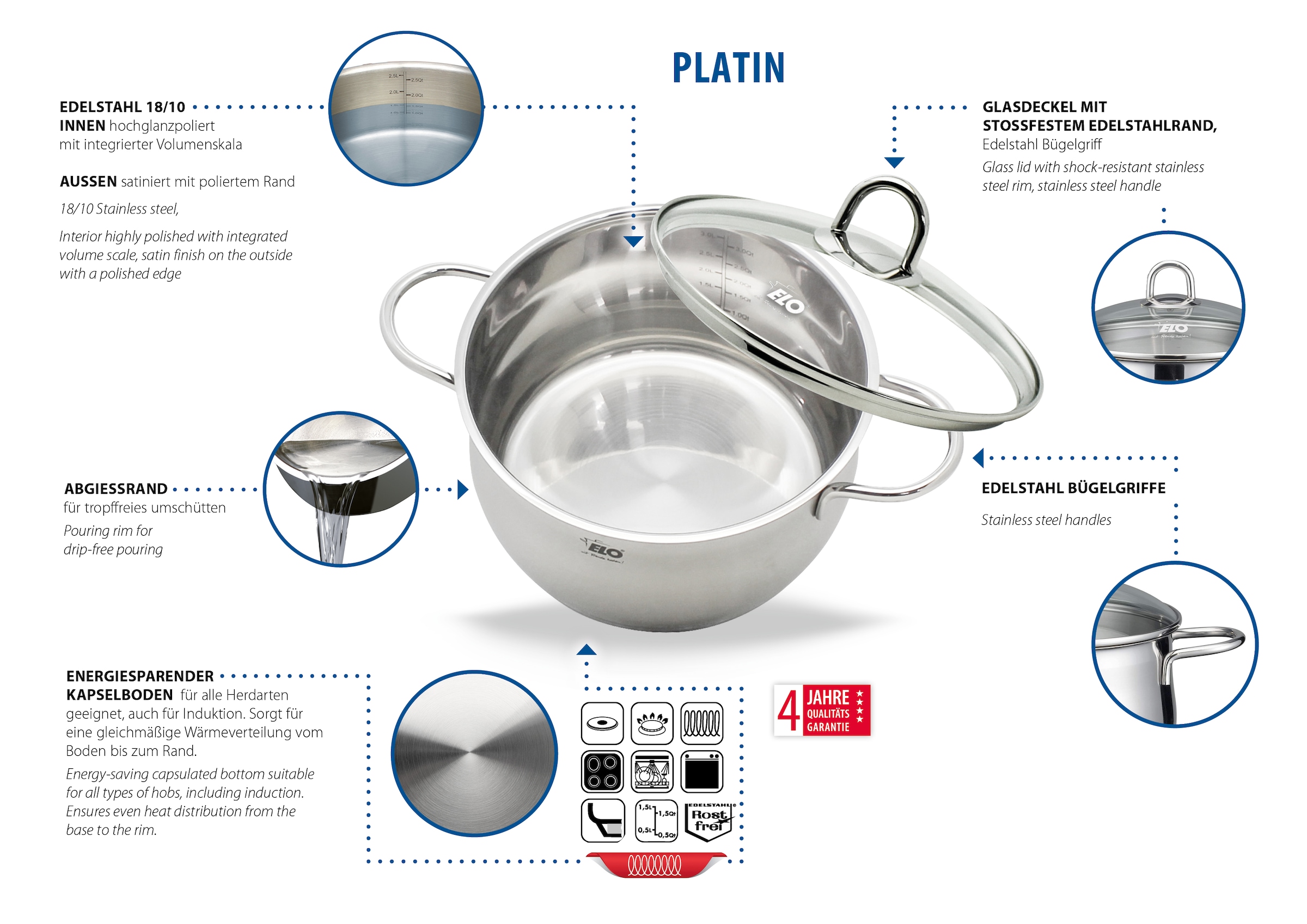 Elo Topf-Set »Platin« Set, 1 Bratentopf 20 cm, je 1 Fleischtopf 16/20/24 cm, 1 Kasserolle 16 cm, 9 Stk. tlg. Edelstahl 18/10