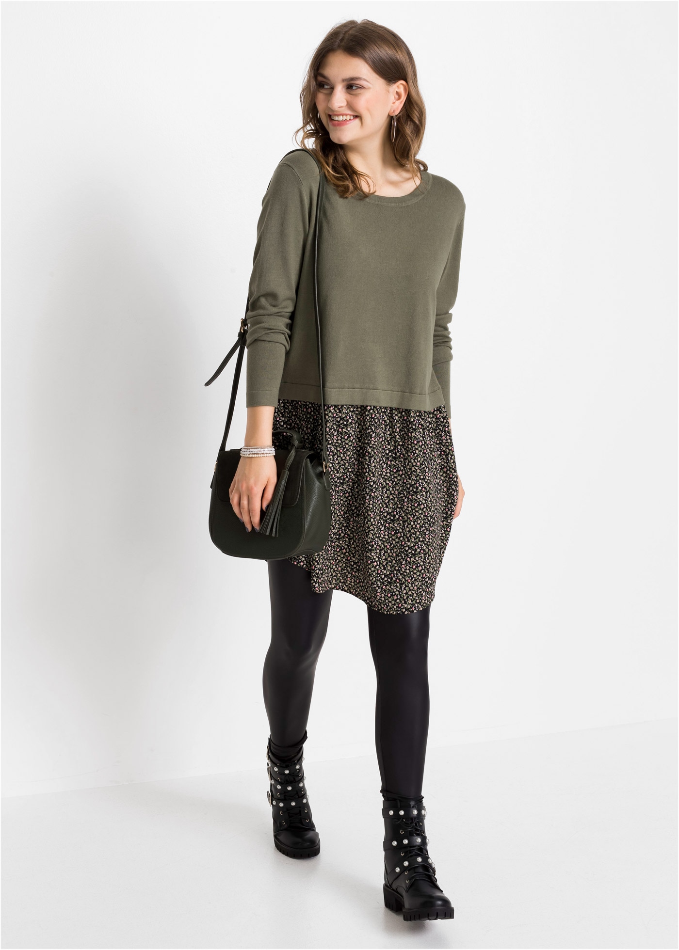 bonprix 2-in-1-Pullover »Feinstrickpullover mit Rockansatz« im Materialmix, mit geblümten Rockansatz, bequem