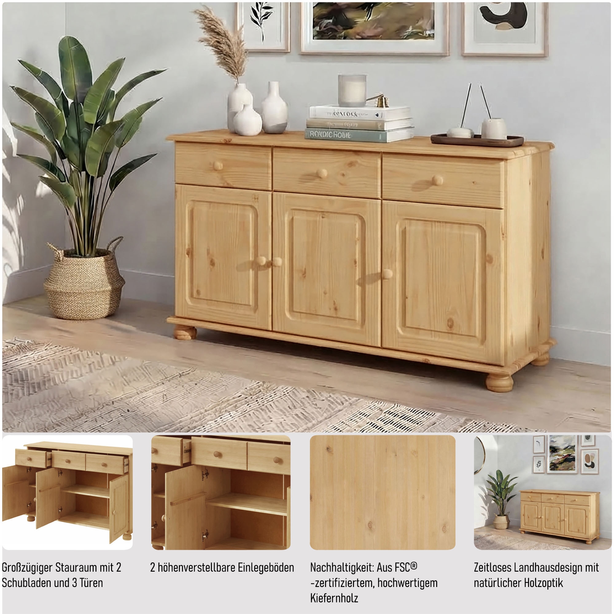 GOODproduct Sideboard »Mette« Kommode mit gefrästen, kugelförmigen Füssen, Breite 120 cm