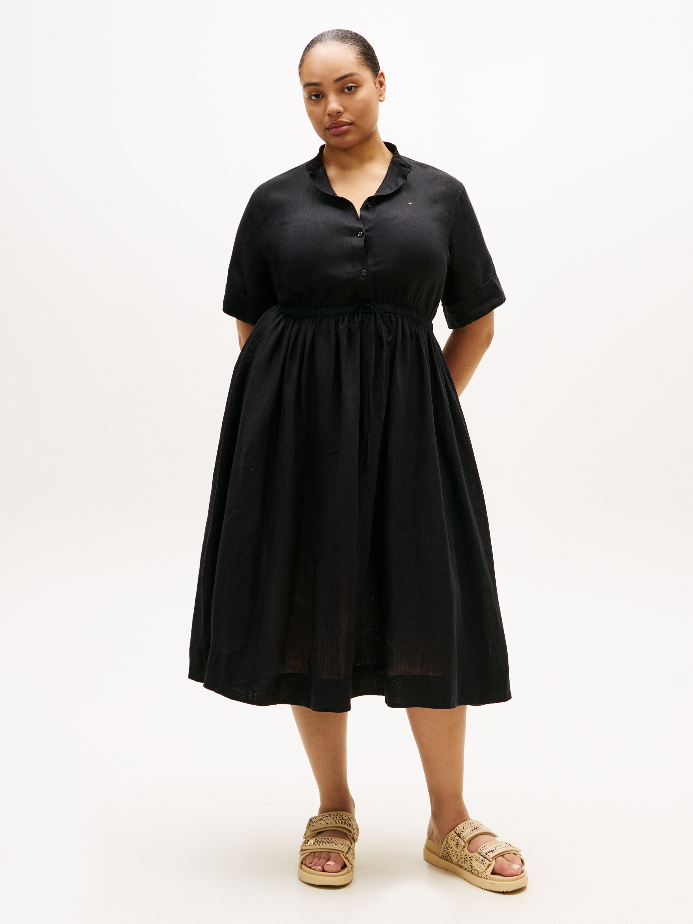 Tommy Hilfiger Curve Robe midi »CRV LINEN MIDI SHIRT DRESS SS« en grandes tailles, taille avec cordon de serrage