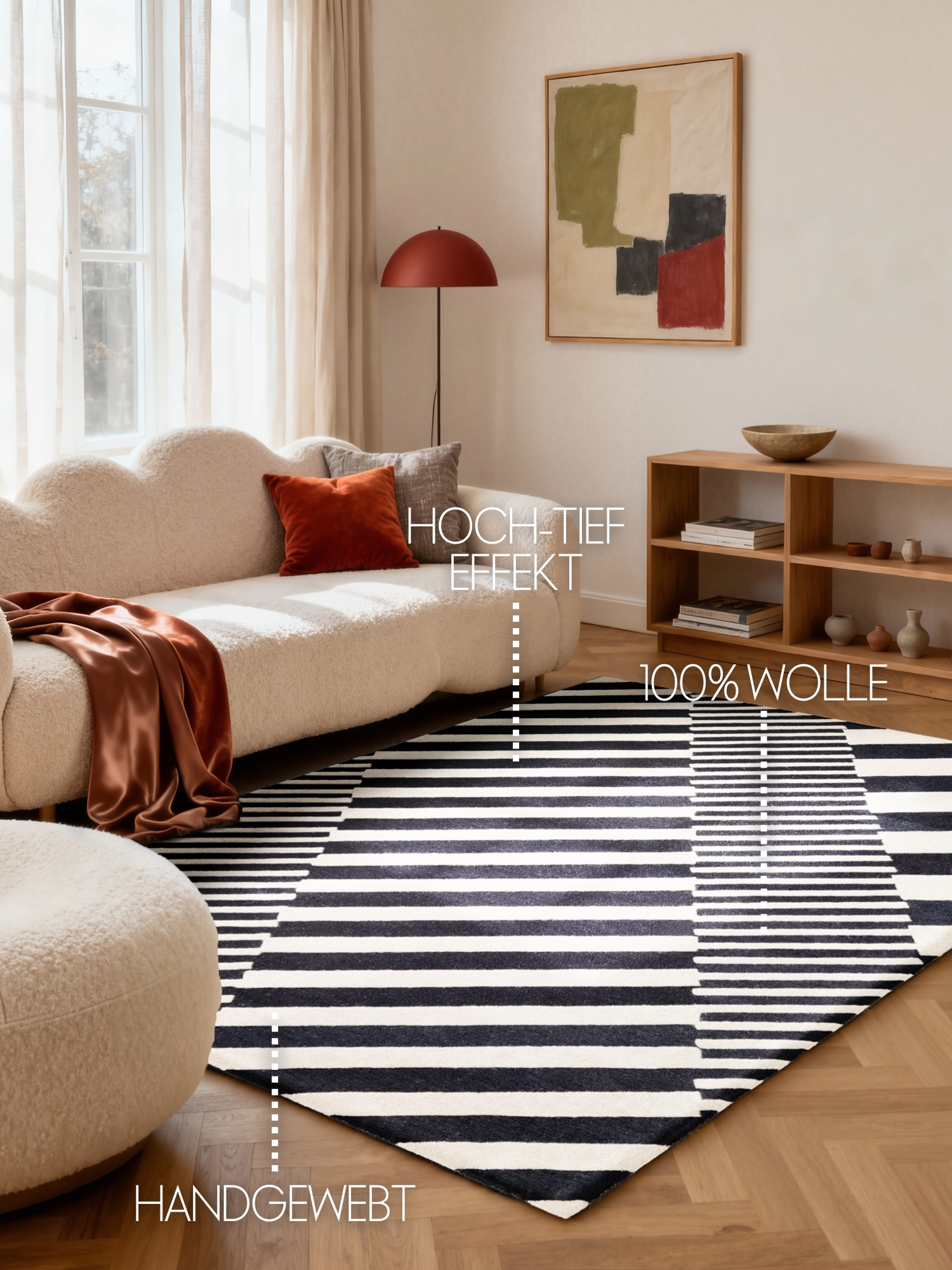 ELLE DECORATION Tapis en laine »Flux« Rectangulaire 12 mm Höhe Wolle, Natur, Wohnzimmer, schwarz weiss, Geometrisch, Streifen