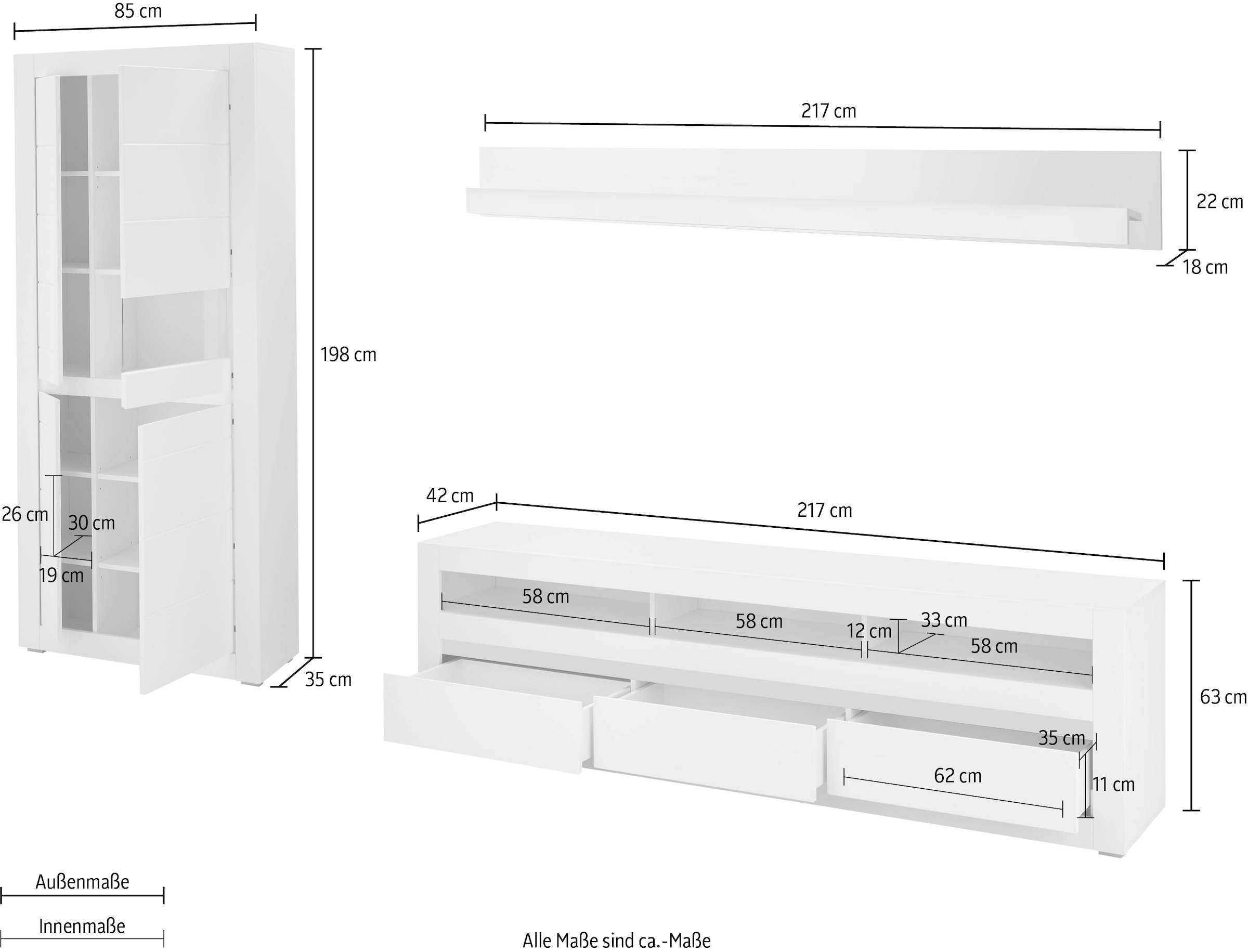 Home affaire Meuble mural »Anbauwand in Weiss Matt, Wohnzimmer-Set mit austauschbarer Blende« Set, 3 cuis tlg.