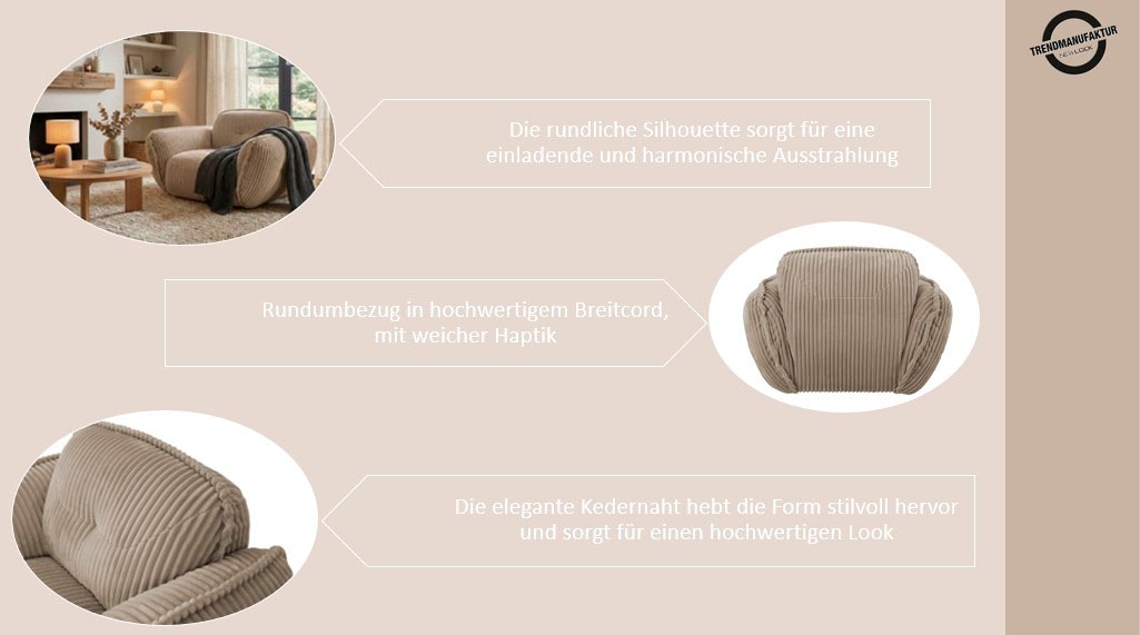 TRENDMANUFAKTUR Fauteuil »Be Fluffy, mit Rundumbezug, moderner breiter Kedernaht« avec confort d'assise doux, en velours côtelé large de haute qualité au toucher doux