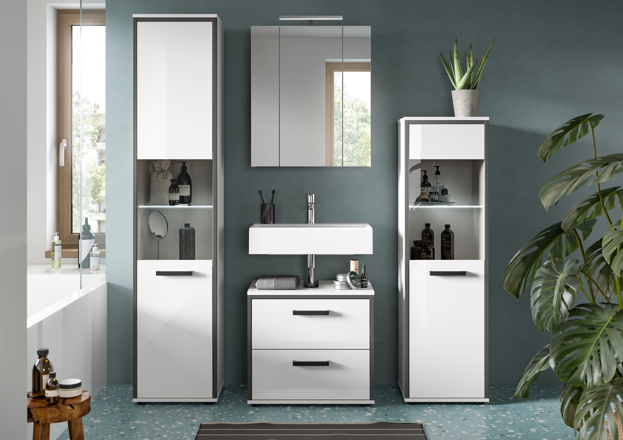 welltime Ensemble de meubles de salle de bain »KAJO, 4-tlg. Badkombination, weiss hochglanz inkl.Beleuchtung« Set, Set, best. aus:Hochschrank,Midischrank,WBU,Spiegelschrank,Beleuchtung, 7 cuis tlg.