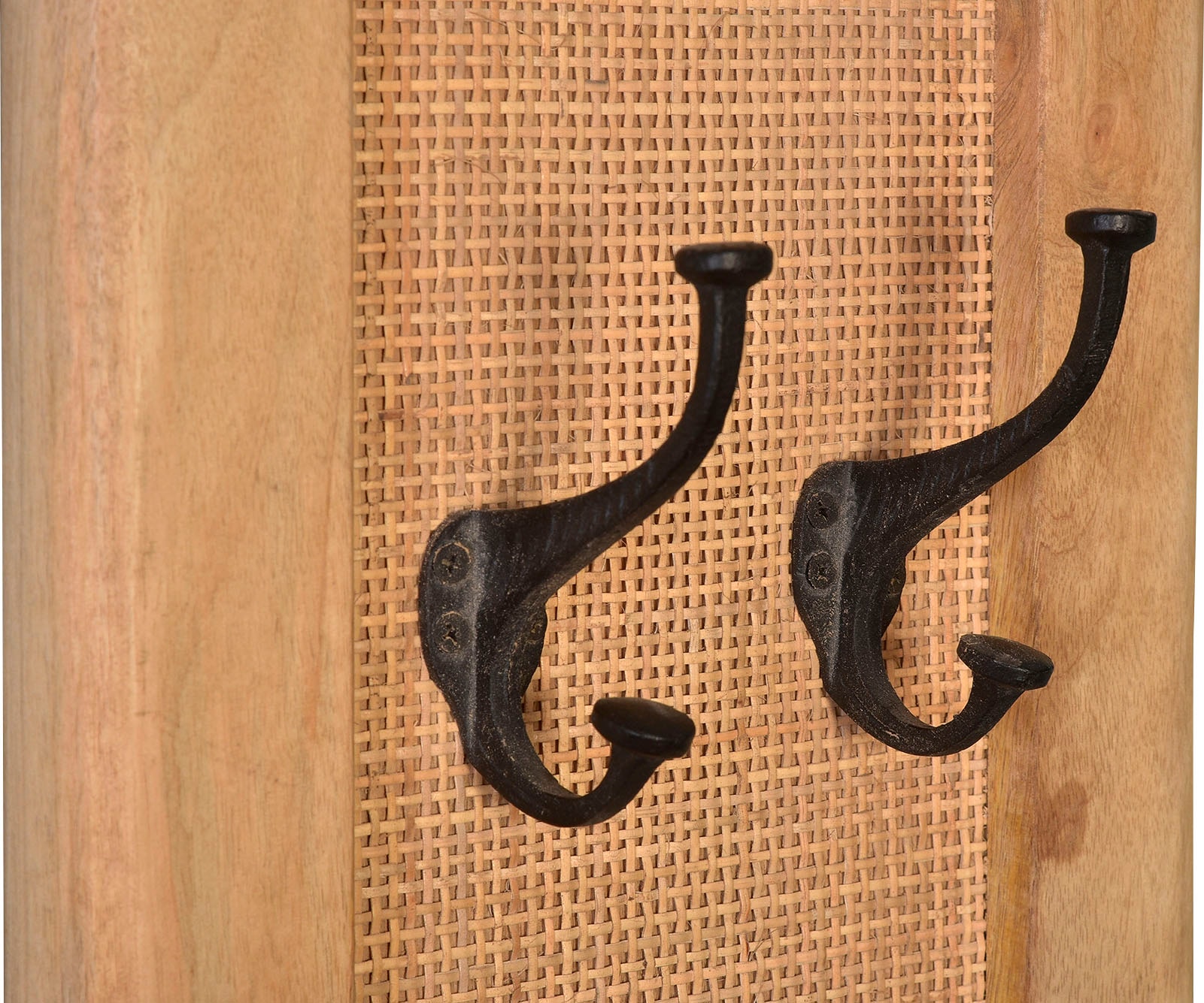 SIT Panneau de vestiaire »Bergen aus Mangoholz mit Rattan-Einsatz & 4 Doppelhaken« Insert en rotin tendance dans un cadre en bois massif pour une ambiance bohème