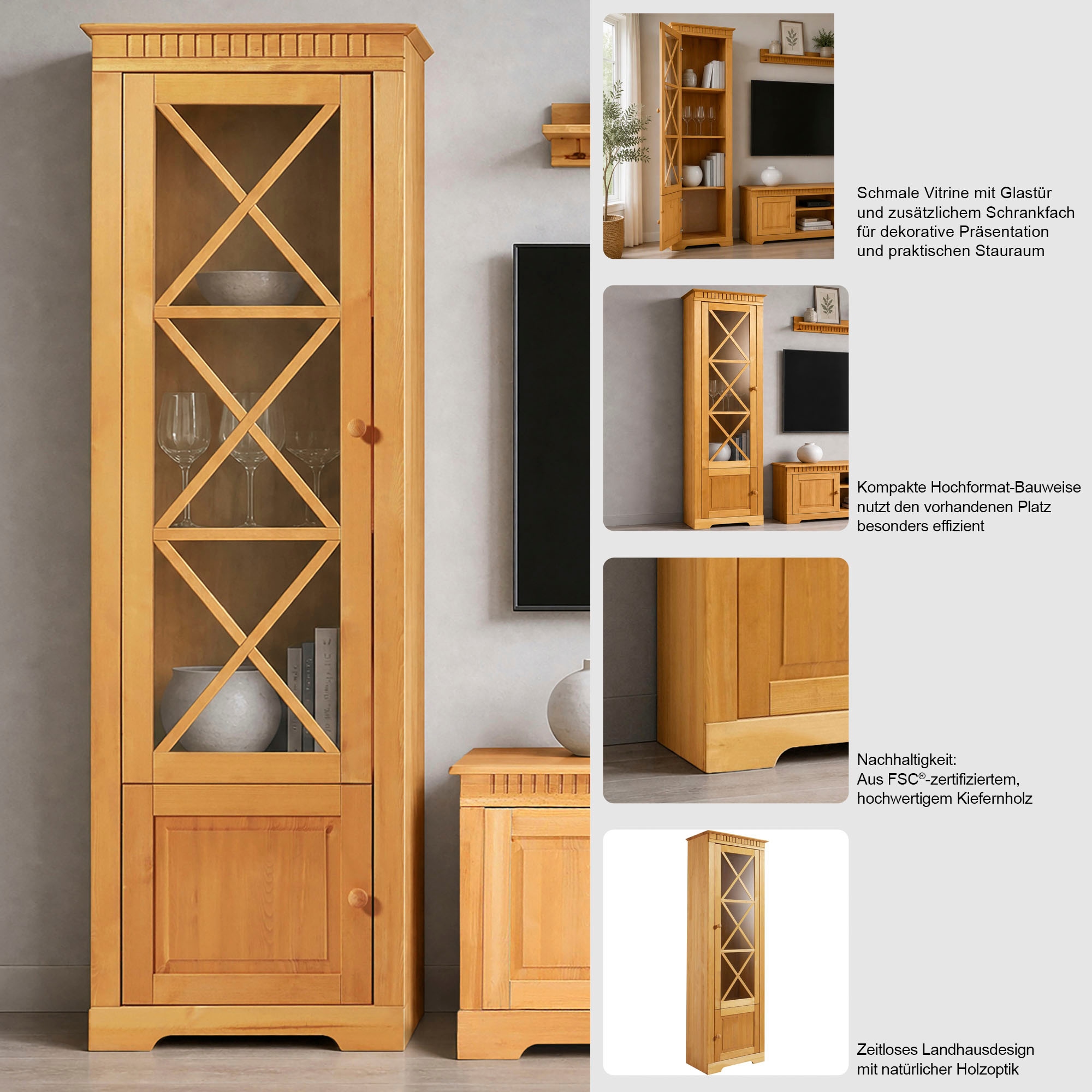 GOODproduct Vitrines »Lisa« en beau pin massif, avec une belle porte vitrée