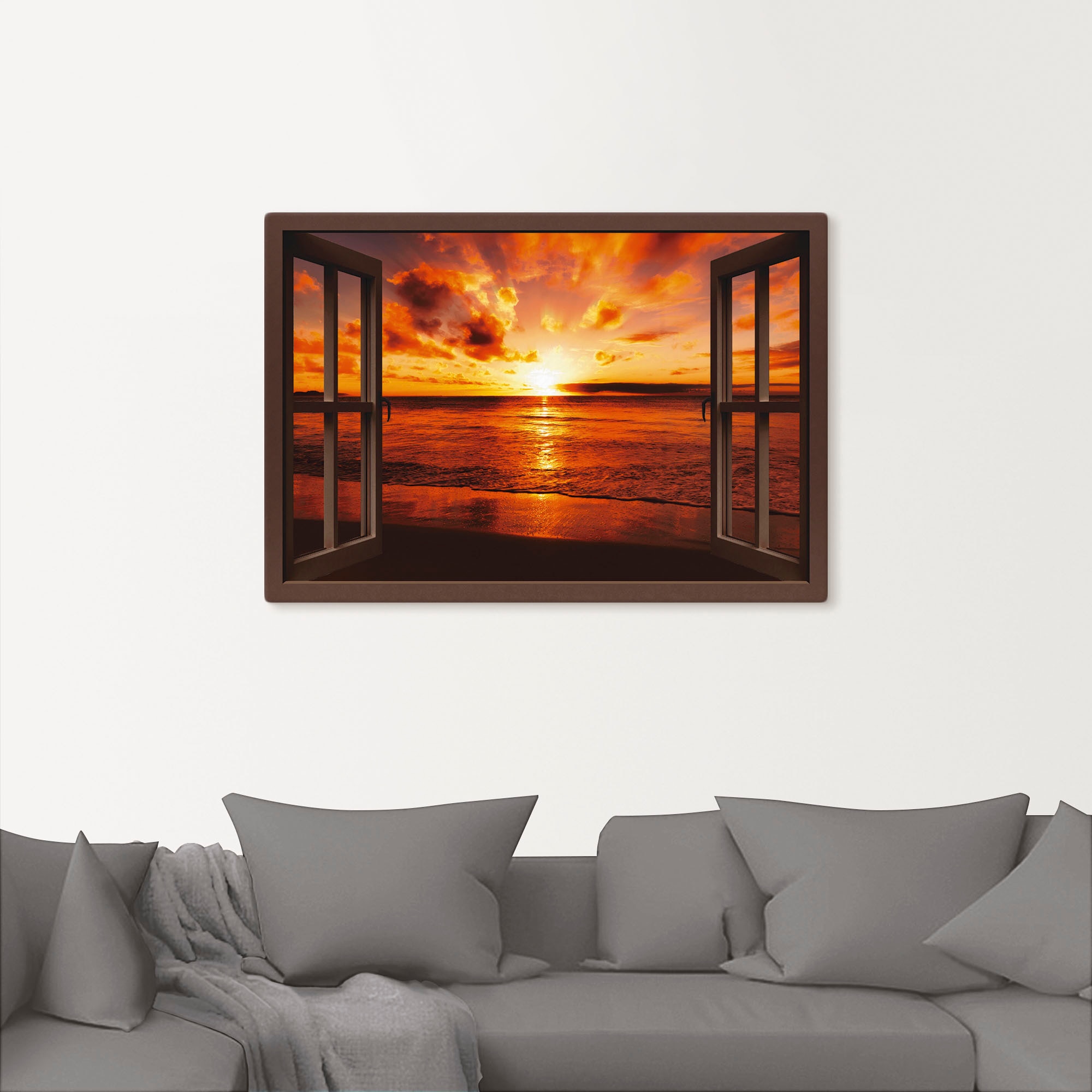 Artland Leinwandbild »Fensterblick Sonnenuntergang am Strand« Fensterblick 1 Stk. tlg. auf Holzrahmen gespannt