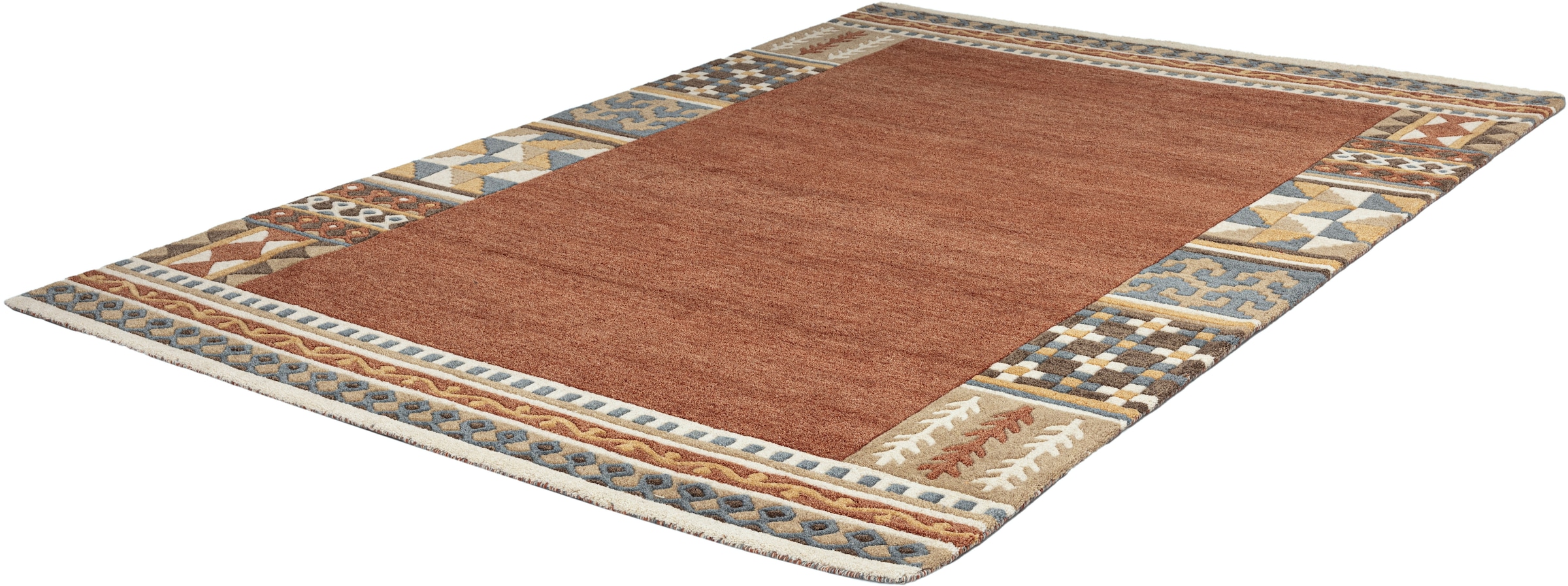 THEKO Wollteppich »Nuno, reine Wolle,  Handgefertigt, mit Bordüre« rechteckig 14 mm Höhe handgetuftet, Wohnzimmer, Schlafzimmer, Esszimmer, auch als Läufer