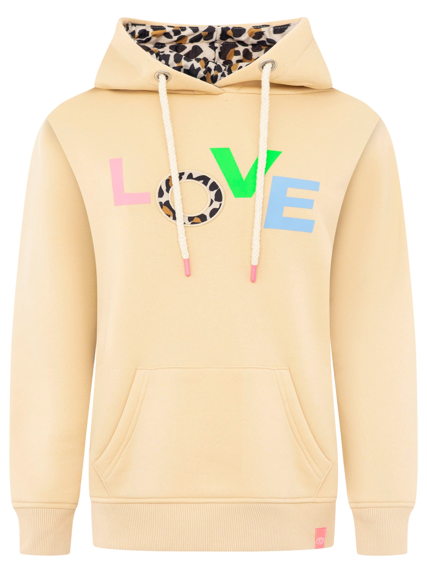 Zwillingsherz Hoodie »"LOVE"«, Kapuzeninnenseite mit Leomuster, grosser Print, Kängurutasche
