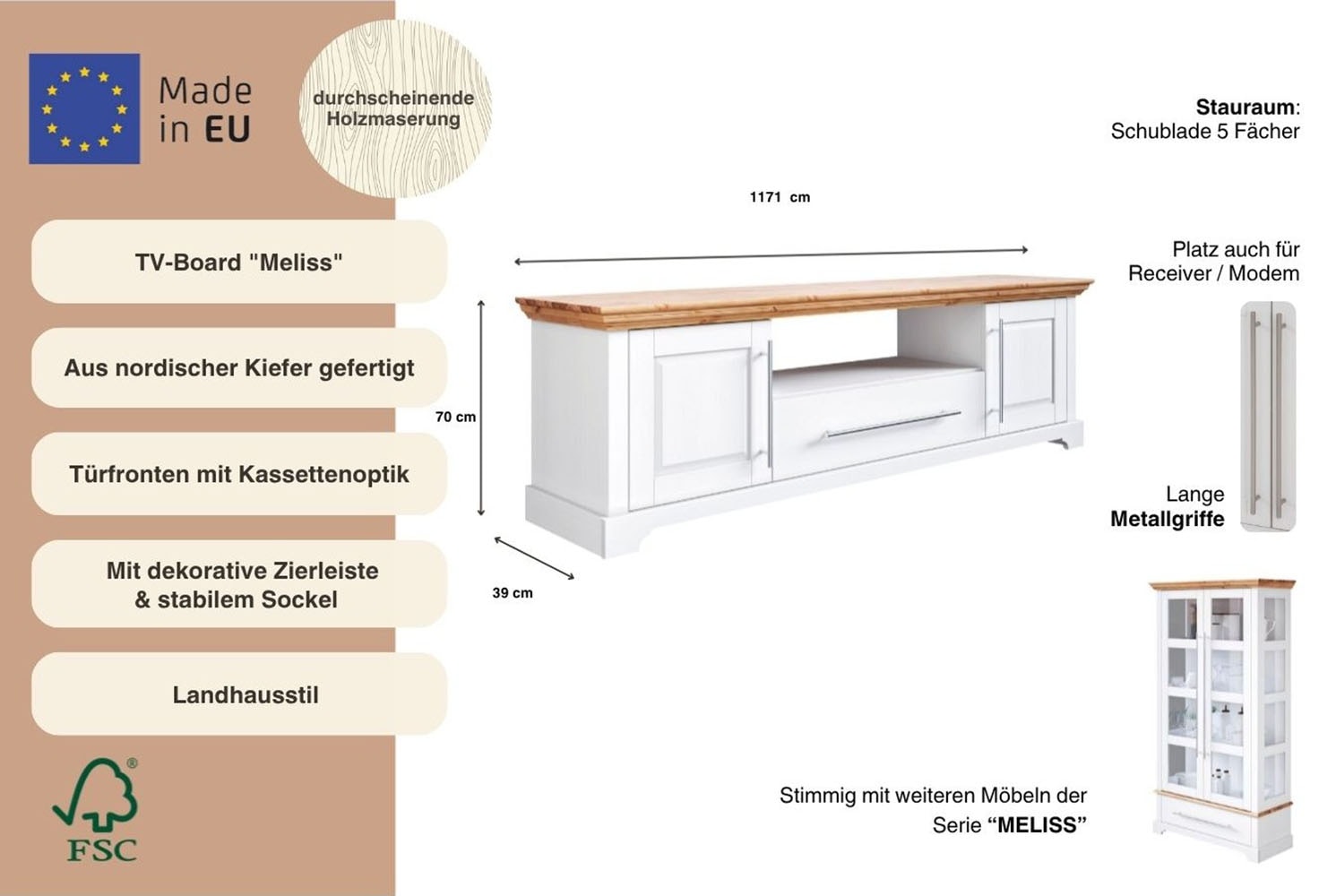 GOODproduct TV-Board »Melissa« Lowboard, 2-türig, Breite 171 cm, Kiefer massiv, FSC®