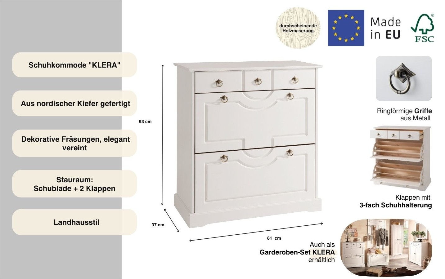 Home affaire Schuhkommode »Klera« Breite 81 cm, aus massiver Kiefer, FSC®-zertifiziert