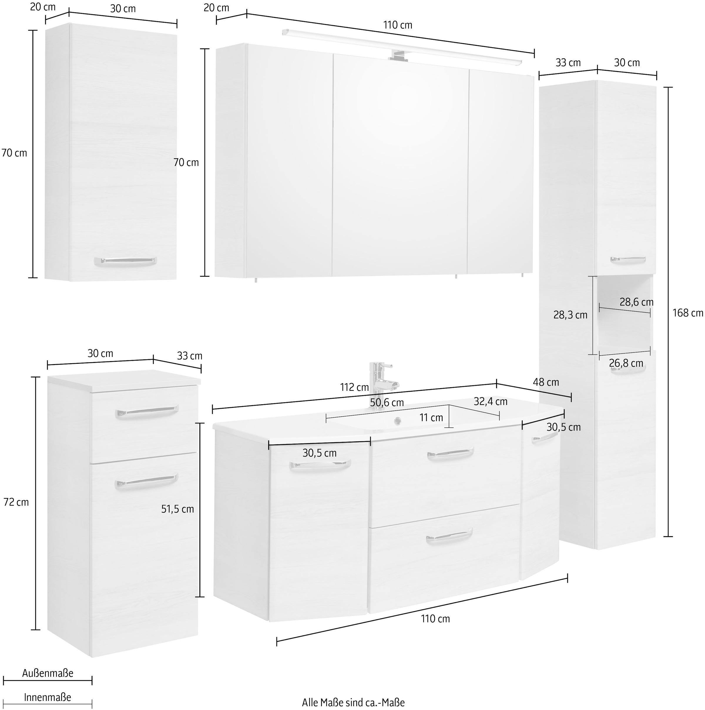 Saphir Ensemble de meubles de salle de bain »Quickset 936 5-teilig, Mineralmarmor-Waschtisch mit LED-Spiegelschrank« Ensemble, 5 cuis tlg.