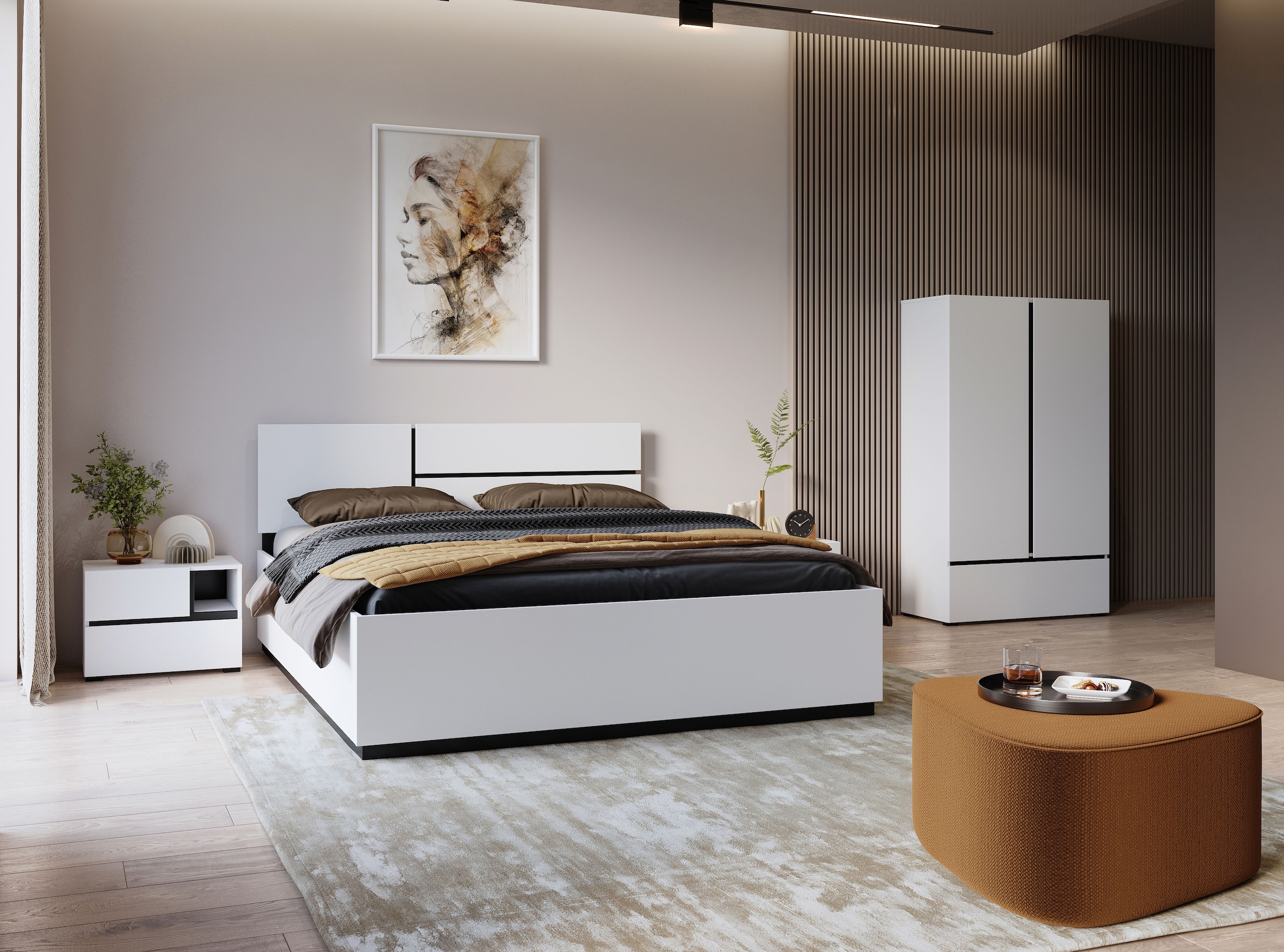 Home affaire Schlafzimmer-Set »Cross, moderne, grifflose Optik, FSC-zertifiziert« Bett 180x200cm, 2 Nachtkommoden, Schrank 2-oder 4-türig, 4 Stk. tlg. Komplettschlafzimmer-Set