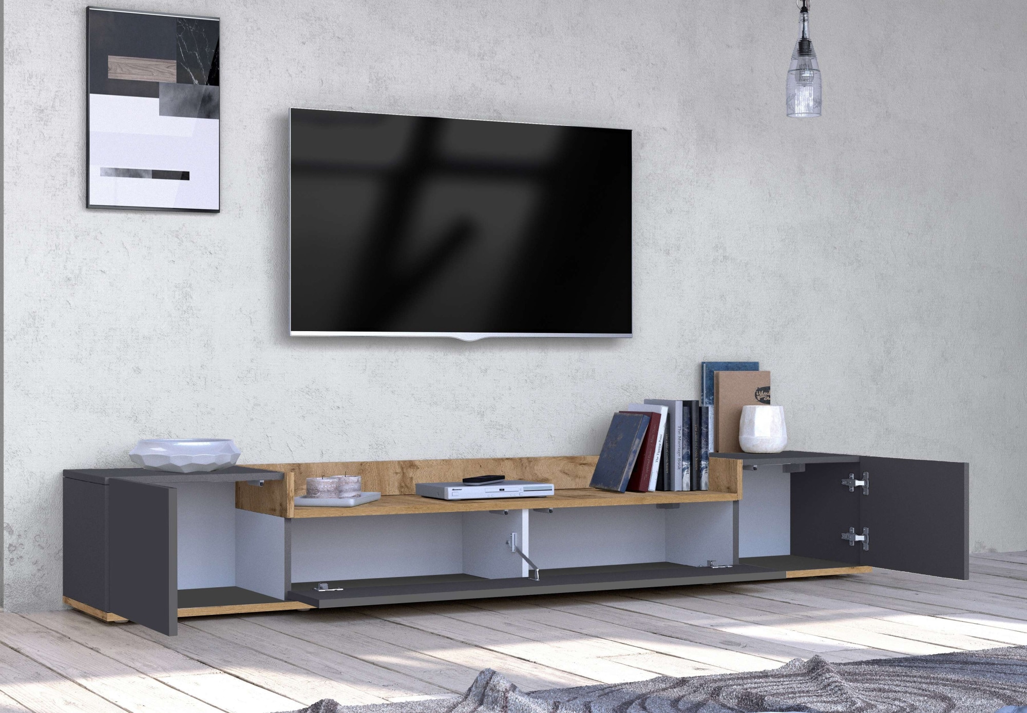 GOODproduct Lowboard »BOLSENA,TV-Kommode, TV-Möbel,TV-Bank, 4 Fächer und offenes Ablagefach« 1 Stk. tlg. stehend/hängend montierbar, Made in Italy, B/T/H: 200 × 35 × 31,2 cm