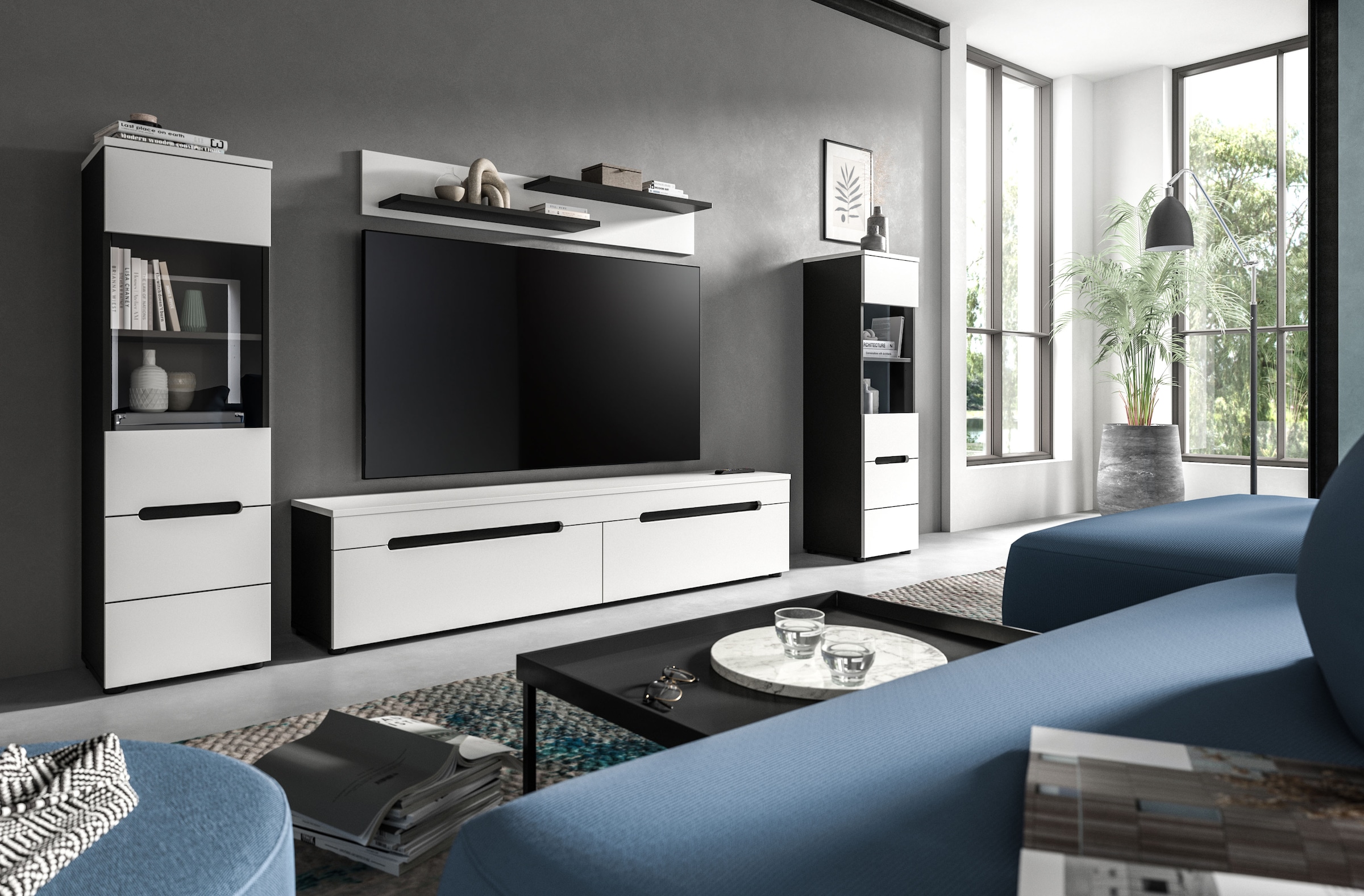 Home affaire Meuble mural »REHAT, TOPSELLER!, 4-teilig, wahlweise stehend und hängend montierbar« Set bestehend aus: 2x Vitrine, Lowboard und Wandboard, 3 cuis tlg.