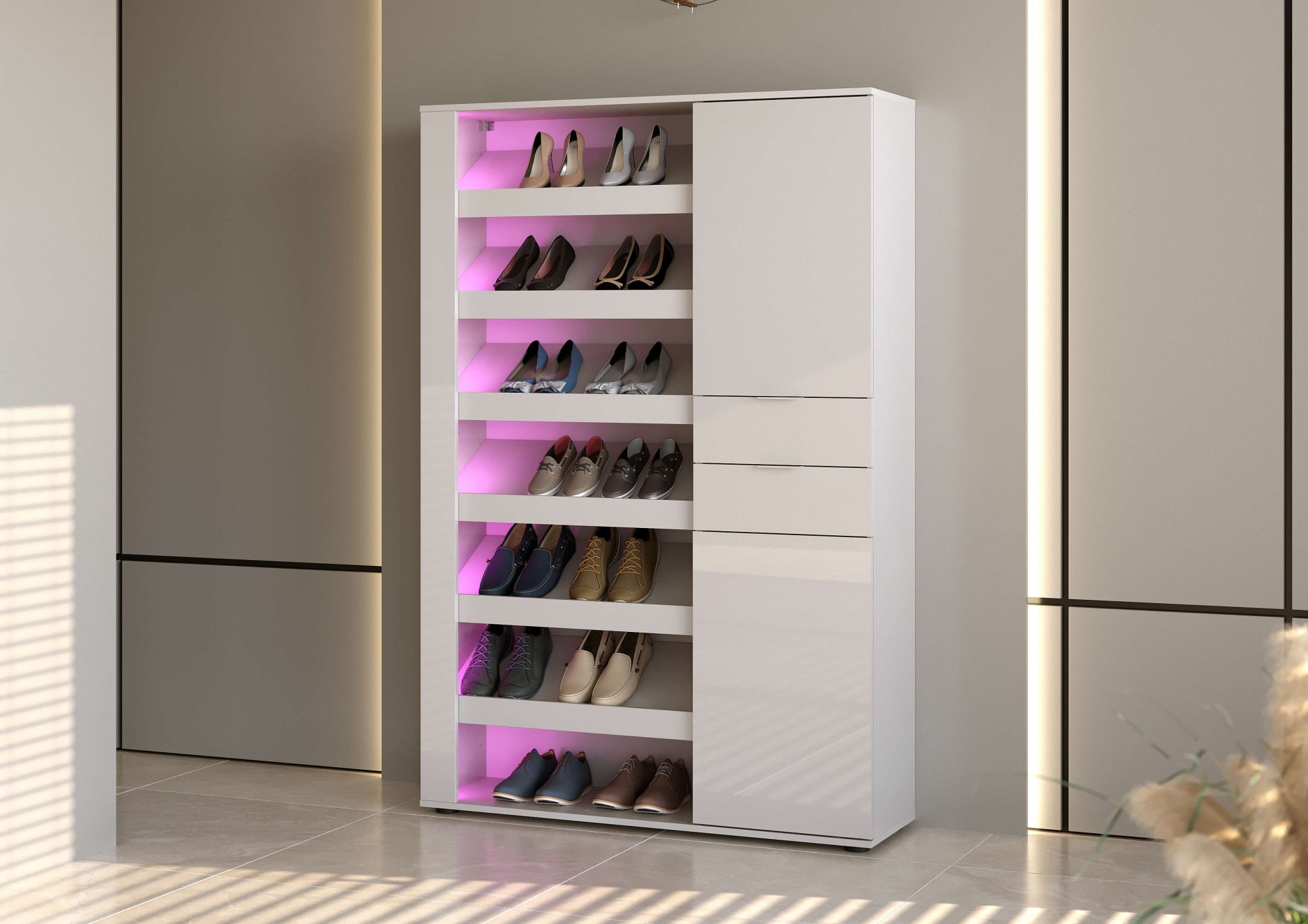 Home affaire Schuhschrank »BOOST, Schuhschrank,Schuhregal, Breite 120 cm, LED optional bestellbar« 1 Stk. tlg. Hochglanz lackiert mit 7 offenen Fächern, 2 Türen und 2 Schubkästen