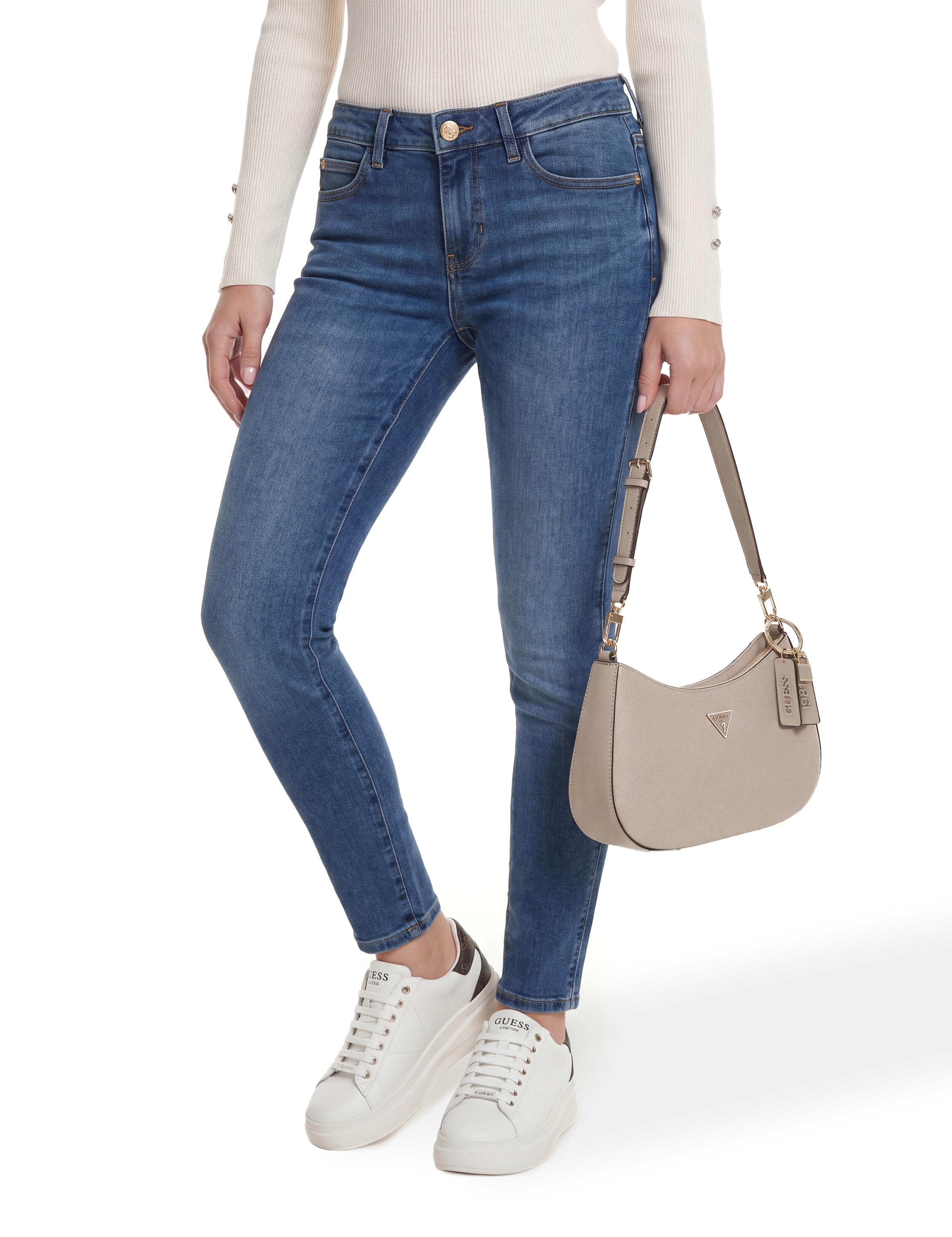 Guess Sac à bandoulière »NOELLE II TOP ZIP SHOULDER BAG« Damen Henkeltasche, Handtasche in klassischer Optik, mit Anhänger