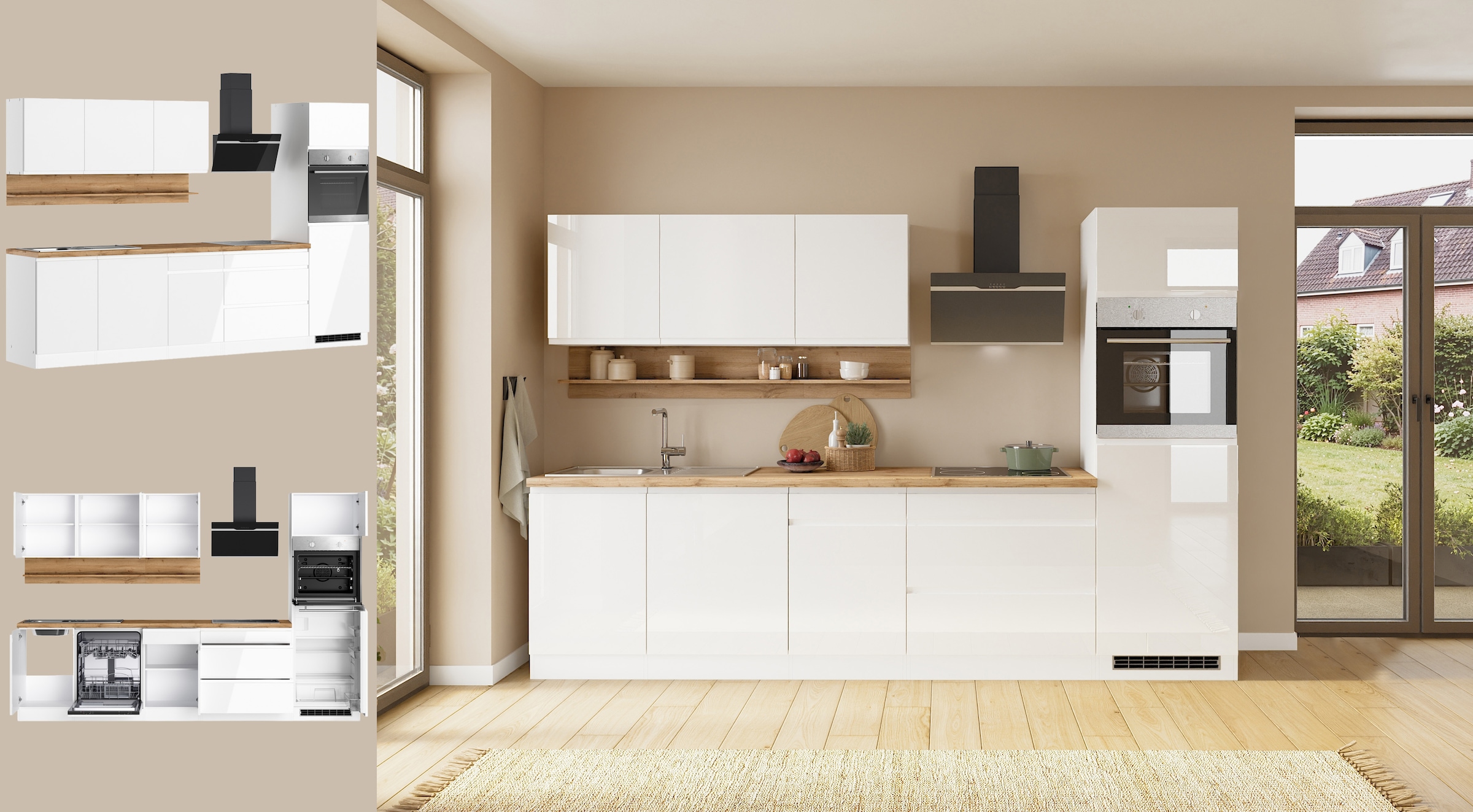 KOCHSTATION Kitchenette »KS-Virginia,neu in verbesserter Ausführung« plan de travail épaisseur 38 mm, rangement, fermeture douce,  largeur 300 cm, fermeture douce, avec appareils électriques en option