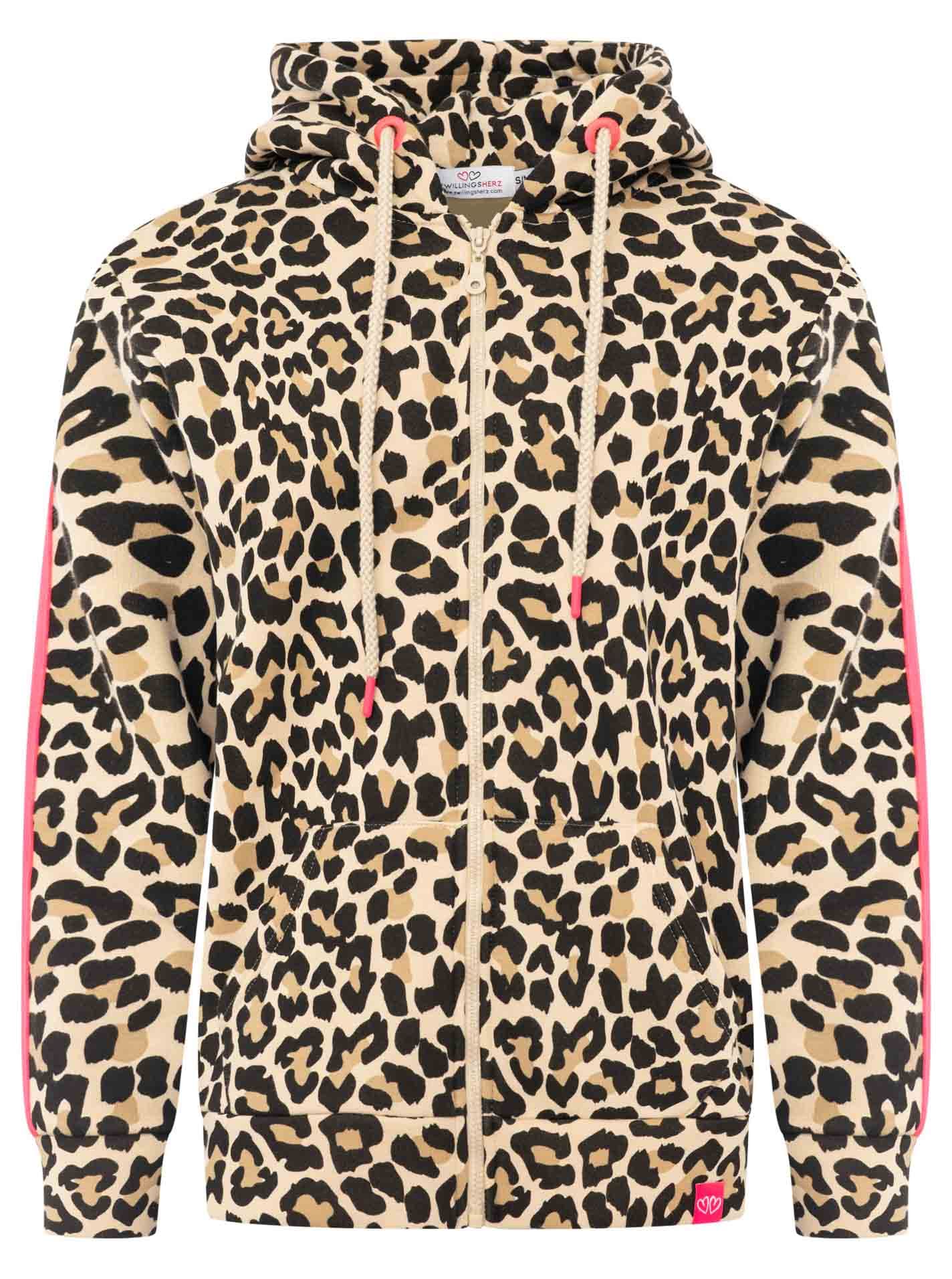 Zwillingsherz Sweat à capuche »"Leo Stripe"« motif léopard, bande rose sur le bras, capuche avec cordon, poche, fermeture éclair