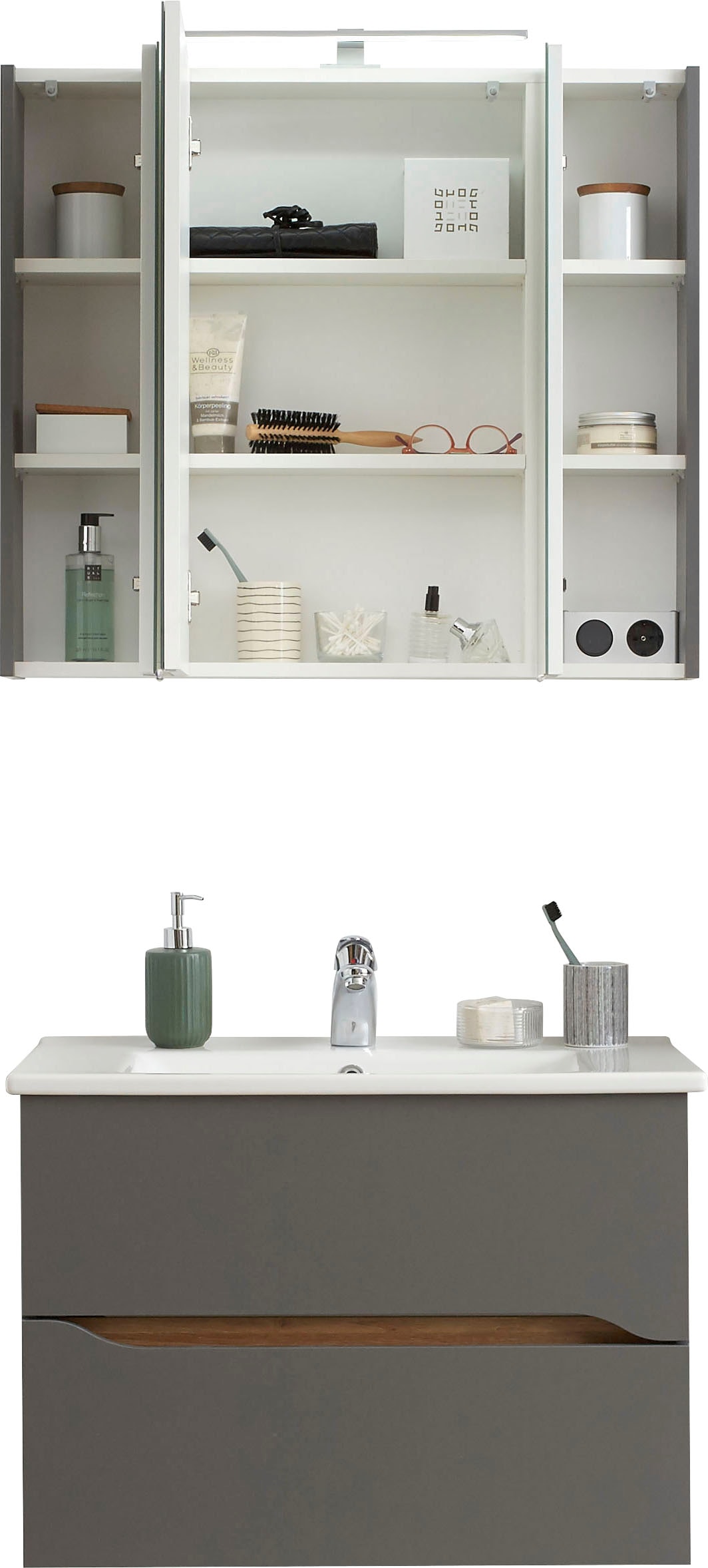Saphir Ensemble de meubles de salle de bain »Quickset 2-teilig, Keramikwaschtisch mit LED-Spiegelschrank« 2 cuis tlg.