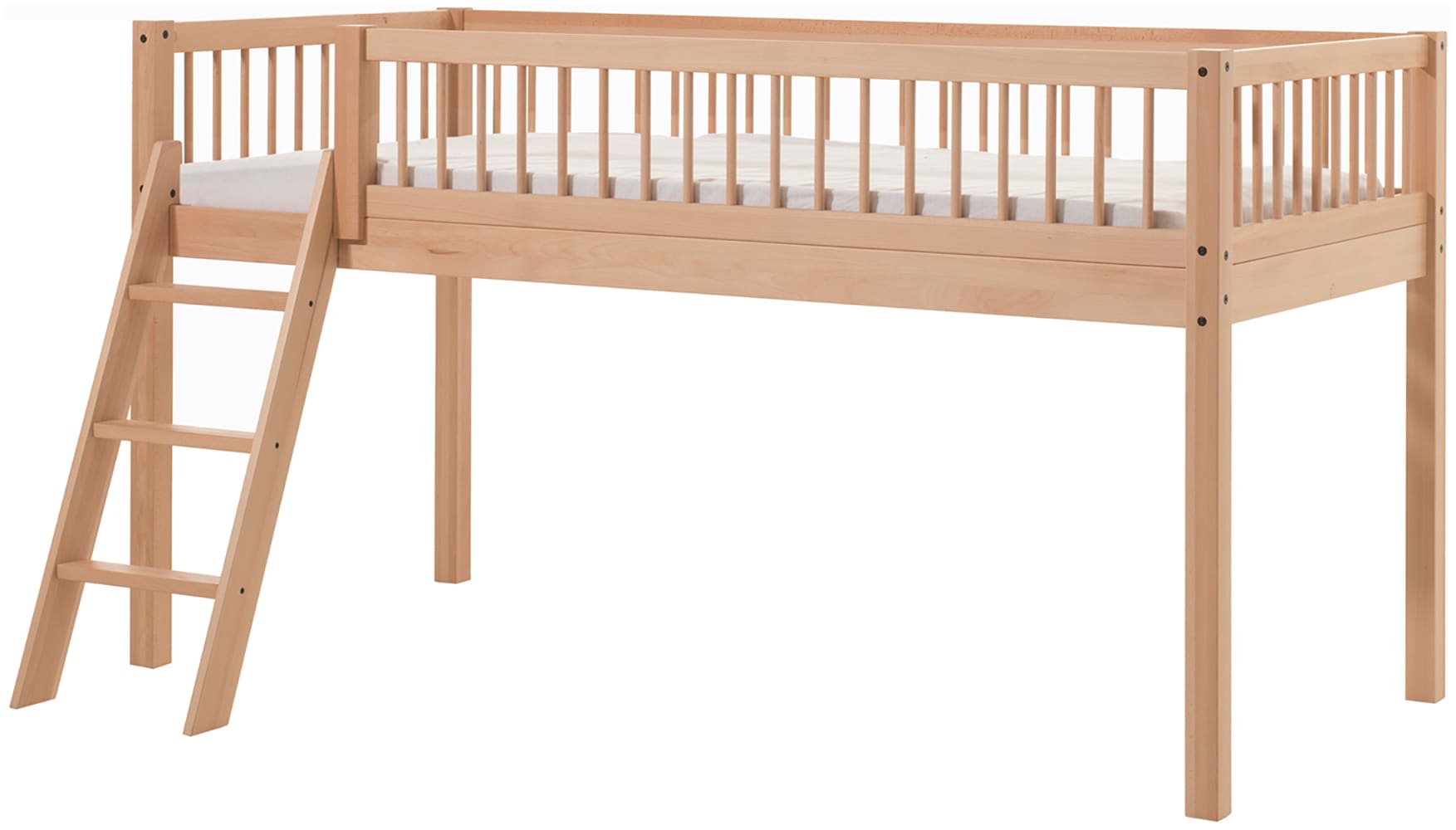 Vipack Lit de jeu »Forrest, Absturzschutz mit Sprossen-Optik, Pfostenstärken ca. 50x50mm« Hêtre laqué naturel, construction stable et de qualité, avec sommier à lattes,  90/200 cm, espace de jeu sous le lit, 2 ensembles textiles au choix