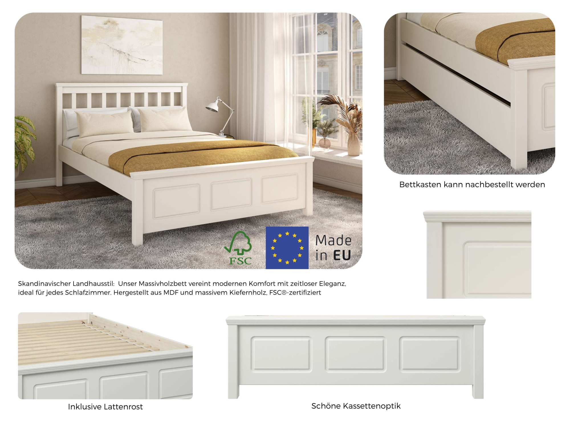 GOODproduct Bett »Tillian, Bettgestell, Doppelbett, Bettkasten optional, Made in EU« Liegefläche 140x200cm,  aus massiver Kiefer in Kombination mit MDF, FSC®, inklusive Lattnerost