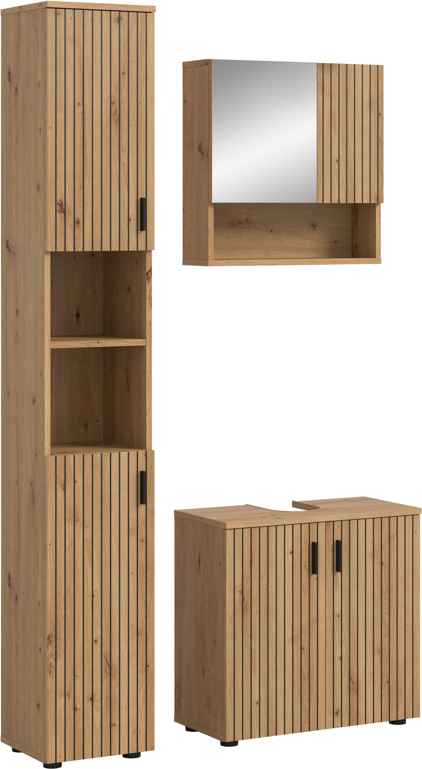 welltime Badmöbel-Set »MANI, 3-tlg. Badkombination, Paneeloptik« Set, Set, best. aus:1Badschrank, 1Waschbeckenunterschrank, 1Spiegelschrank, 3 Stk. tlg.