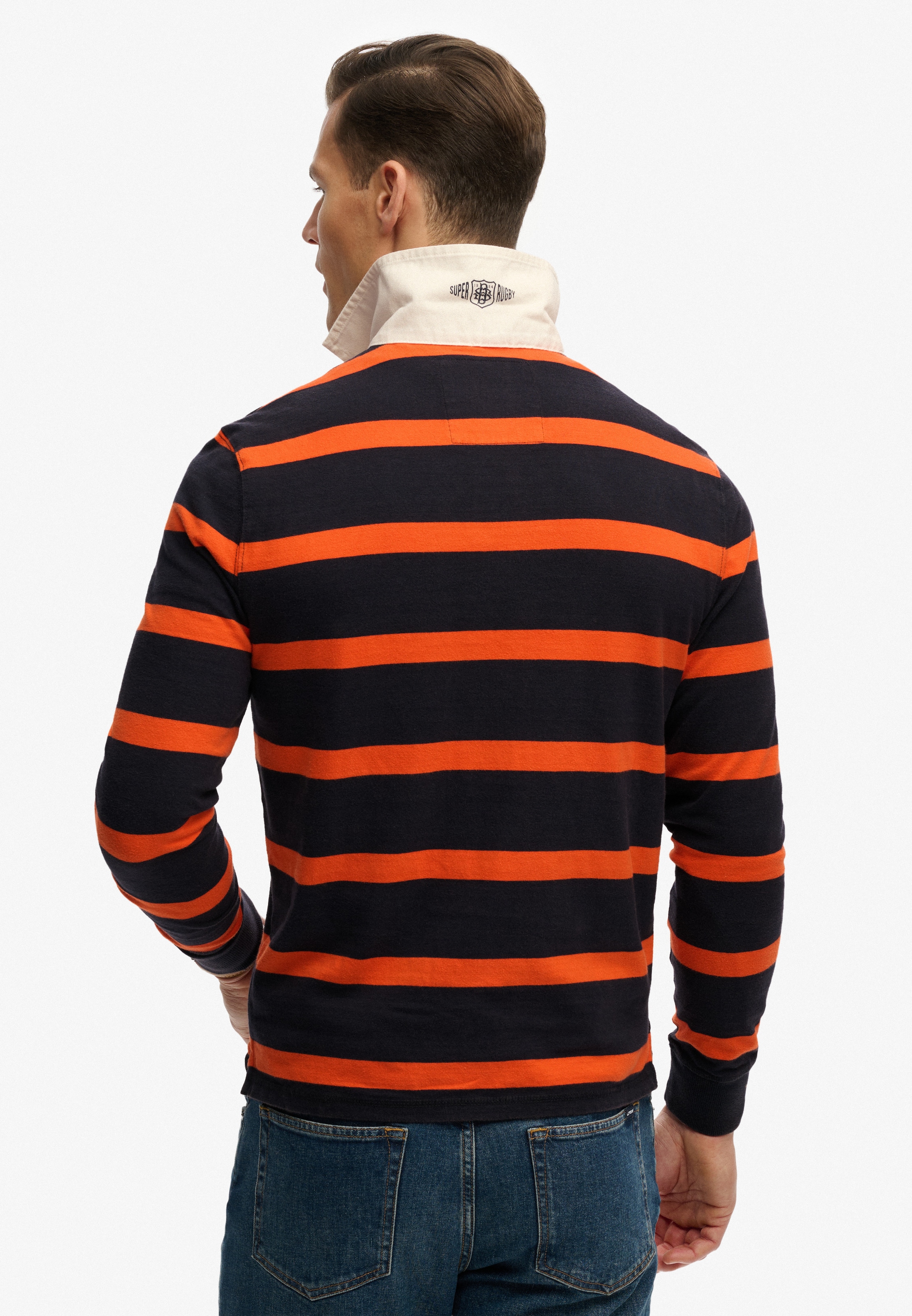Superdry T-shirt à manches longues »DOUBLE EMBLEM STRIPE RUGBY« en coton et jersey simple, coupe décontractée, aspect rayé