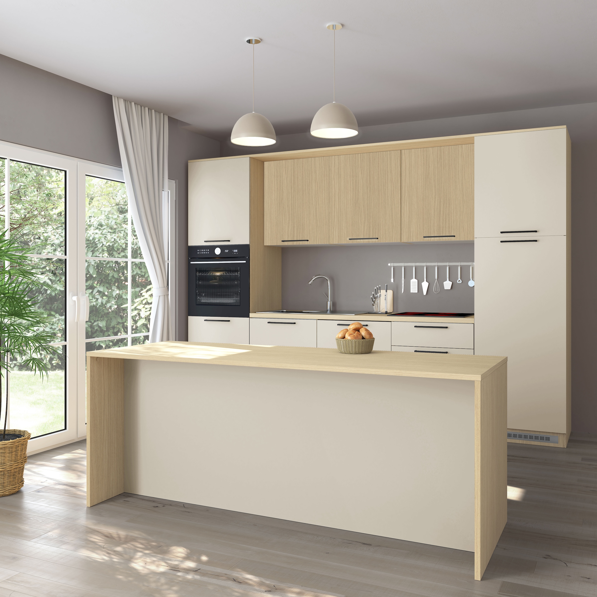 KOCHSTATION Ilot de cuisine »KS-Luna« largeur 225 cm, 4 portes, 8 compartiments intérieurs, 4 places assises, portes amorties