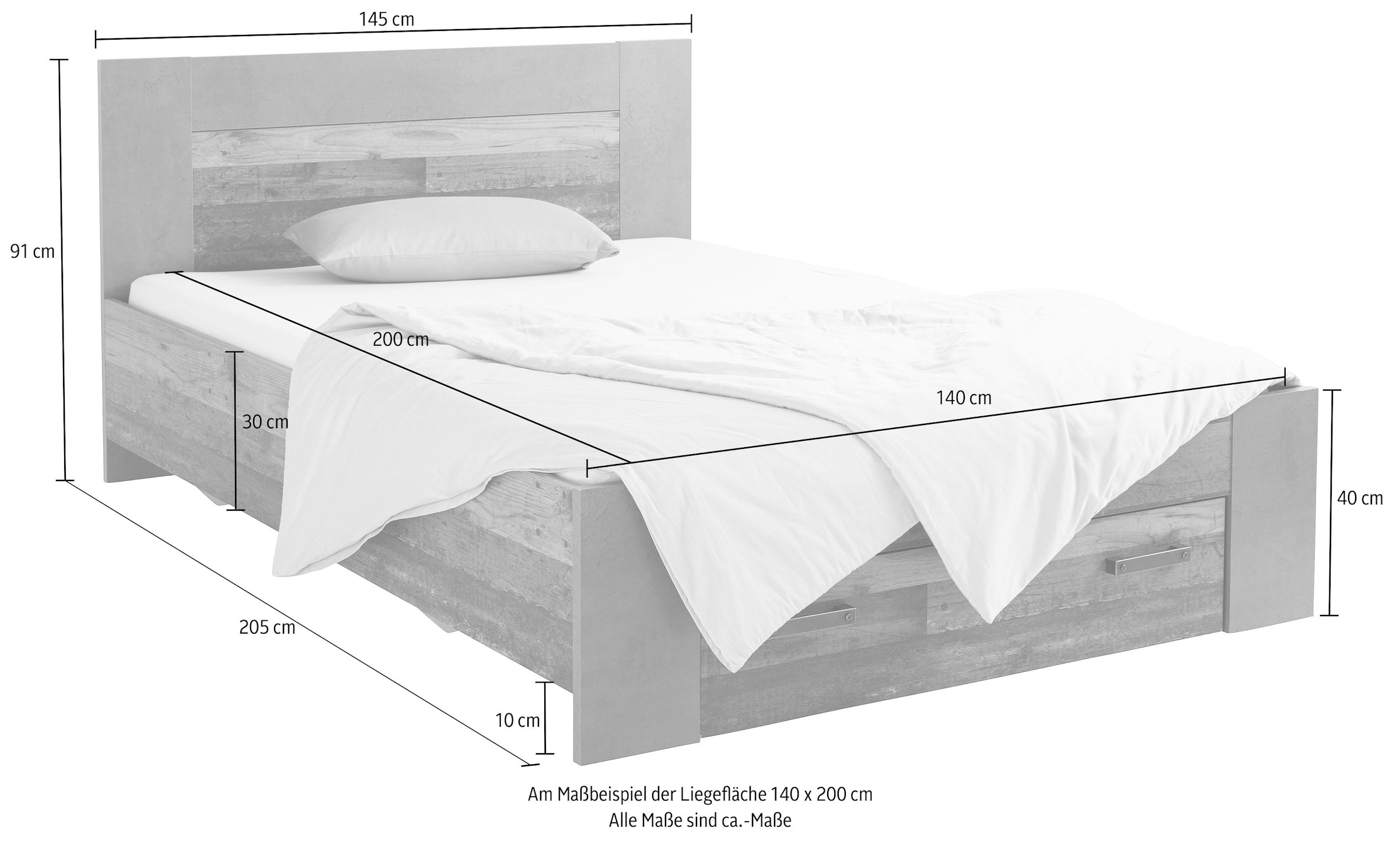 FORTE Lit »Clif, Jugendbett, Belastbarkeit 120 KG, Schubkasten optional« Surface de couchage 140x200 cm,  Design industriel