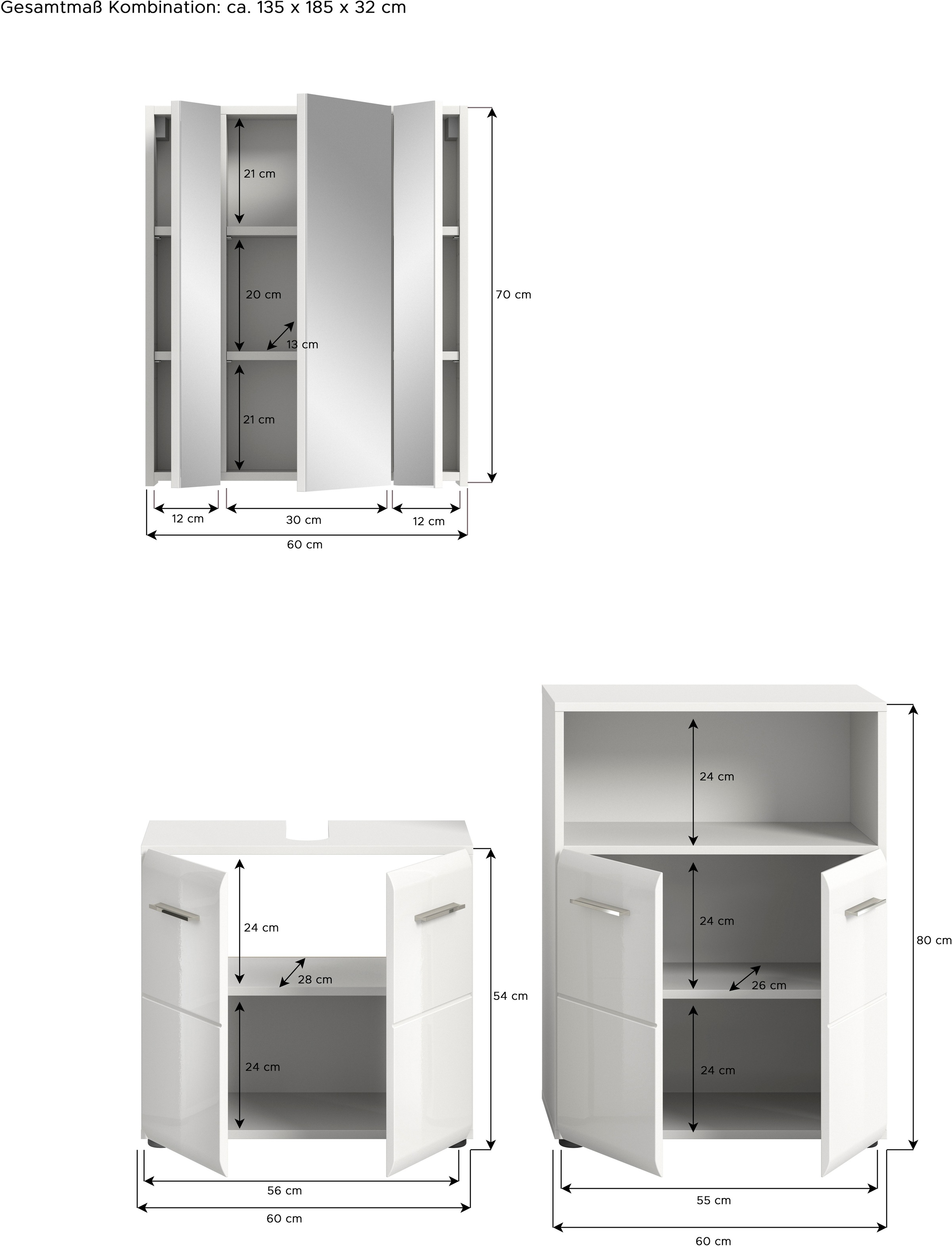 INOSIGN Ensemble de meubles de salle de bain »FLORENZ, TOPSELLER!, 3-teilige Badkombination, hochwertige MDF-Front« Set, best. aus: Waschbeckenunterschrank, Spiegelschrank, Midischrank breit, 
