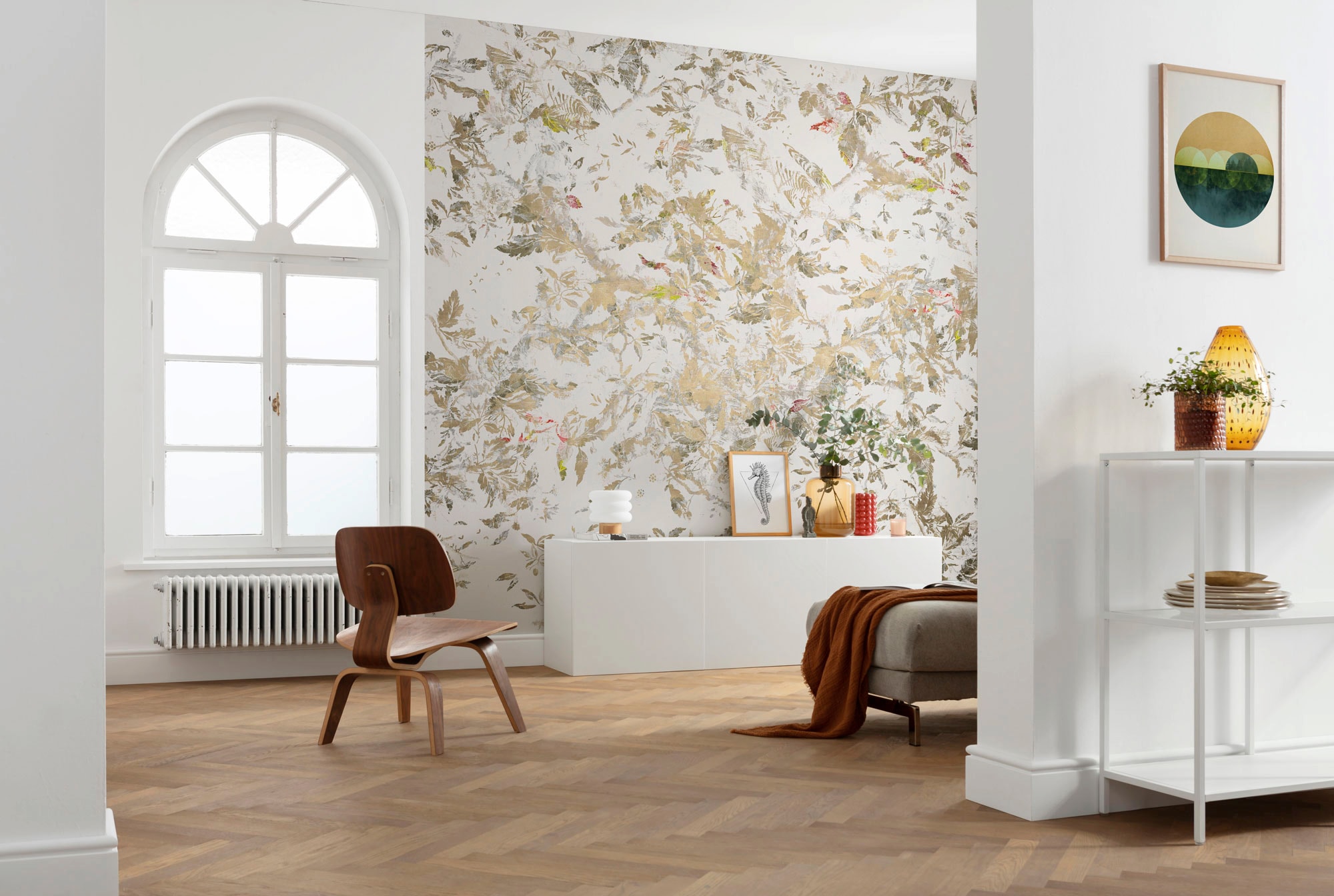 Komar Papier peint intissé »Digitaldruck Vlies -  Golden Feathers - Grösse 300 x 280 cm« imprimé Wohnzimmer, Schlafzimmer