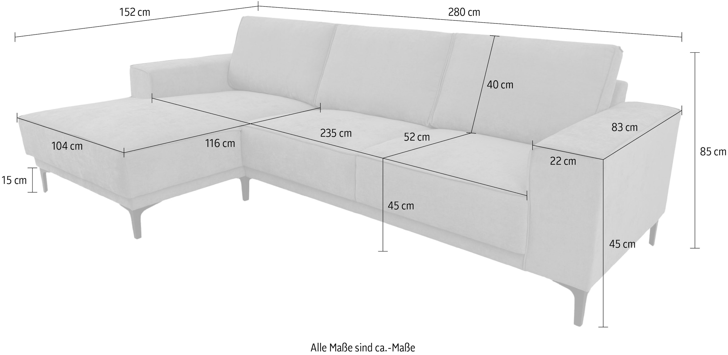 PLACES OF STYLE Ecksofa »Polsterecke Oland, Struktur, Flachgewebe, Luxus-Microfaser, Boucle« L-Form, 280 cm, Wellenunterfederung, Skandi-Design, Metallfüsse