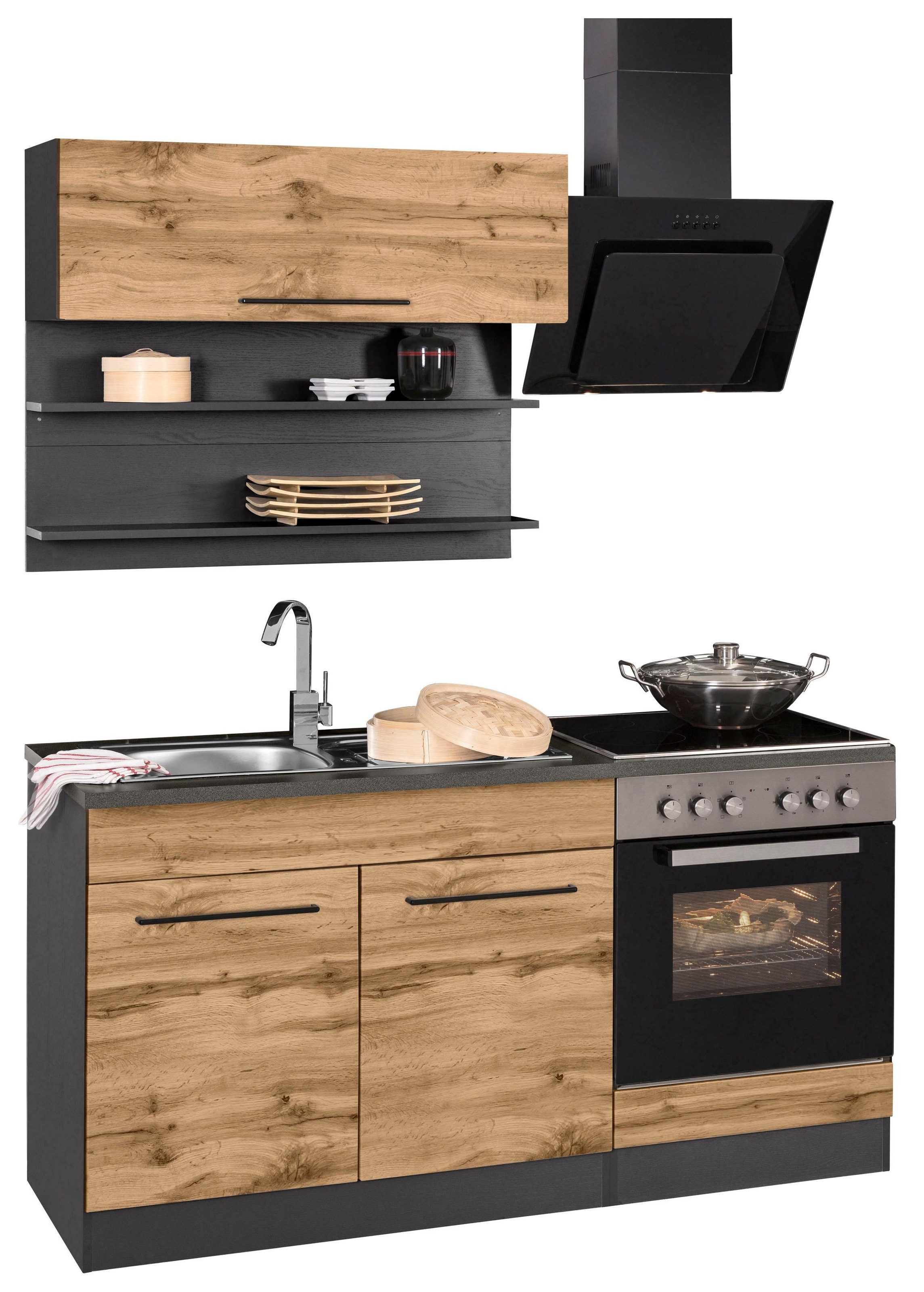 KOCHSTATION Pantryküche »KS-Tulsa« Breite 160 cm, schwarze Metallgriffe, hochwertige MDF Fronten