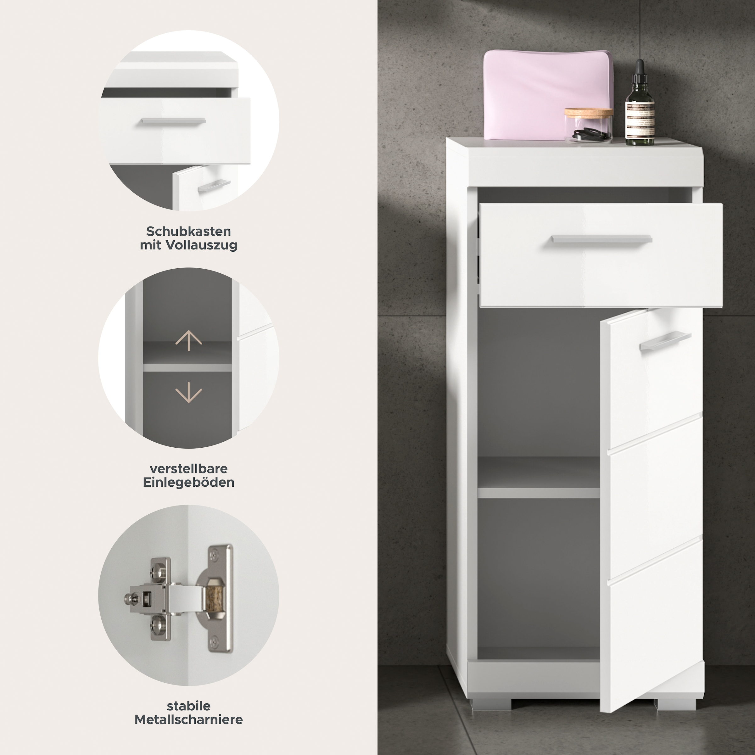 welltime Armoire basse »SIENA, Breite 37cm, 1 Tür, 1 Schubkasten, 2 Fächer, MDF-Front« BEST-SELLER !, 1 cuis tlg. disponible en plusieurs couleurs, meubles de salle de bain, armoire de salle de bain, commode, salle de bain