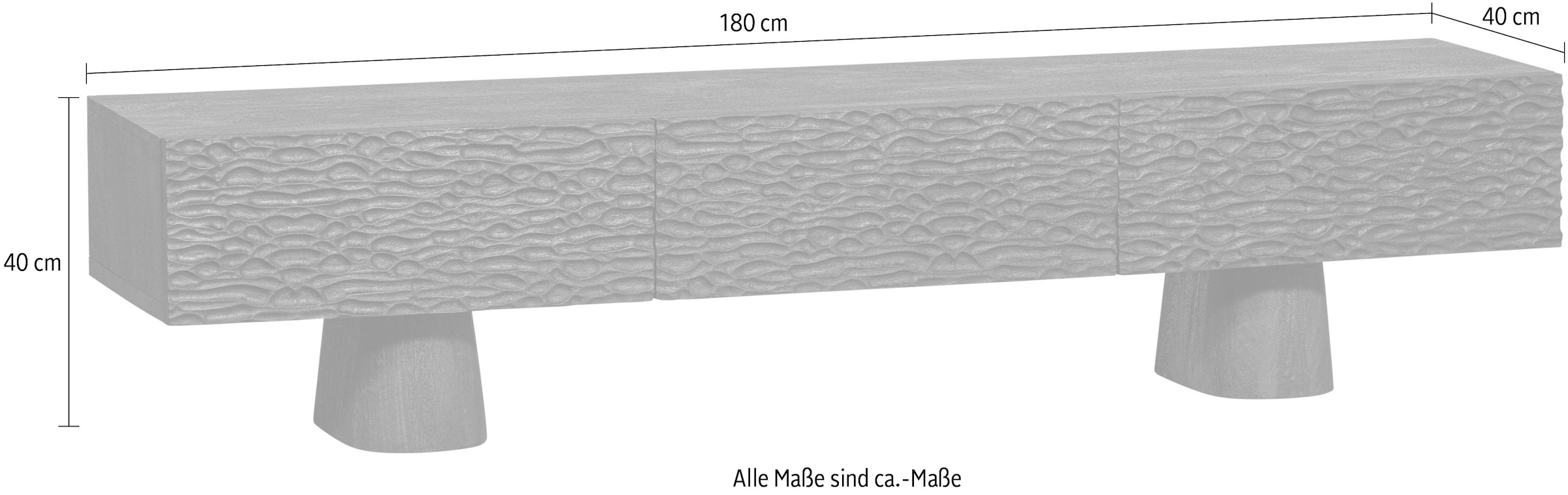 WOOOD Lowboard »Crumble Mangoholz mit Relief-Türen, H 40 x B 180 x T 40 cm« Tragkraft Deckplatte 35 kg, Auszüge je 15 kg, natürliche Holzstruktur